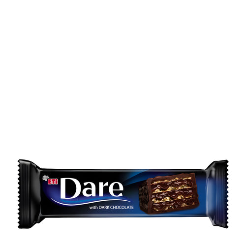 ETI Dare dark chocolate wafer bar packaging on a white background