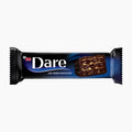 A wrapped Dare wafer dark chocolate bar with dark chocolate filling, shown in its black and blue packaging on a plain white background.
