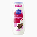 Nivea Dark Chocolate Cookie Shower Gel in a 250ml white bottle with a blue cap, featuring pink and purple graphic accents and a chocolate cookie illustration on a light gray background.