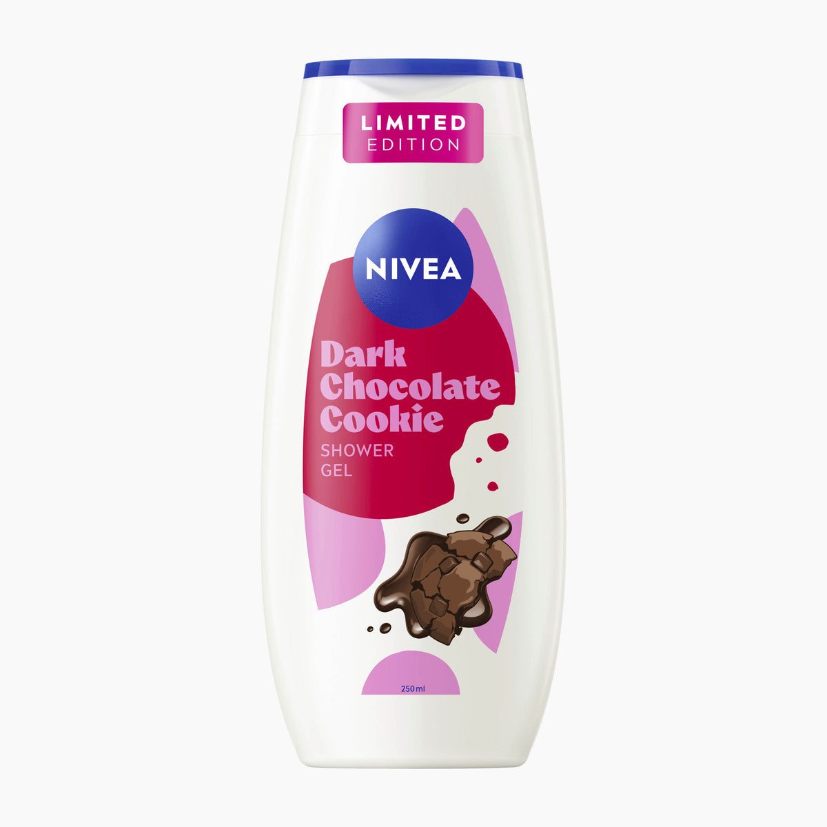 Nivea Dark Chocolate Cookie Shower Gel in a 250ml white bottle with a blue cap, featuring pink and purple graphic accents and a chocolate cookie illustration on a light gray background.