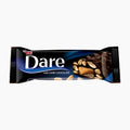 A wrapped ETI Dare dark chocolate bar with nougat, caramel and peanut pieces, shown on a plain light gray background.