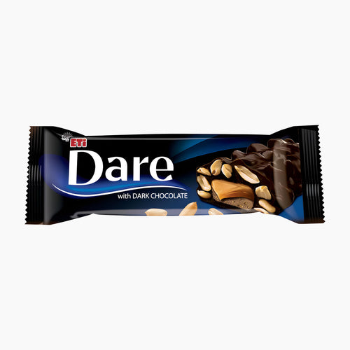 A wrapped ETI Dare dark chocolate bar with nougat, caramel and peanut pieces, shown on a plain light gray background.