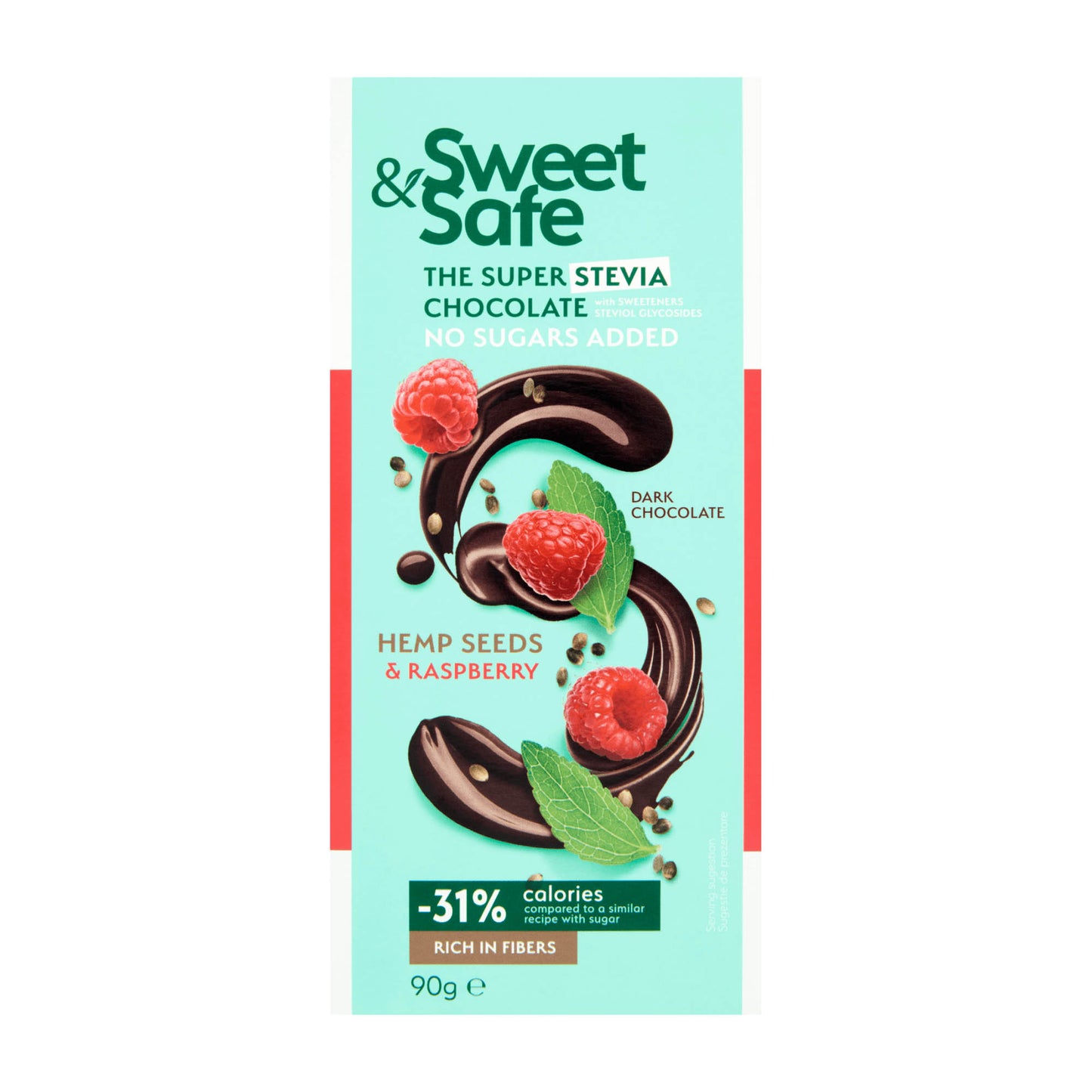 Sweet & Safe Zartbitterschokoladenriegel Hanfsamen & Himbeere ohne Zuckerzusatz, 90 g