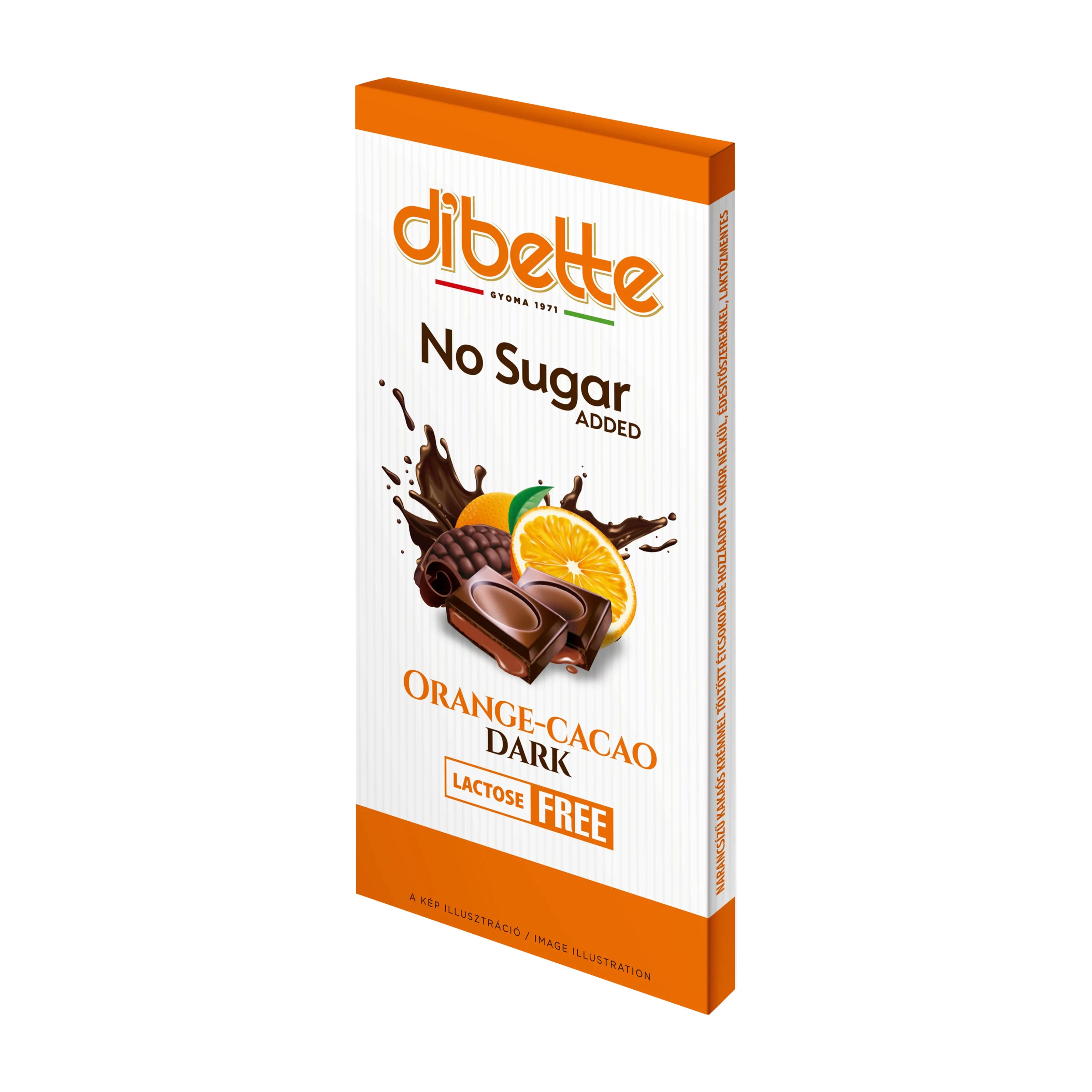 Dibette no sugar added chocolate bar packaging with orange and cacao flavor on a white background