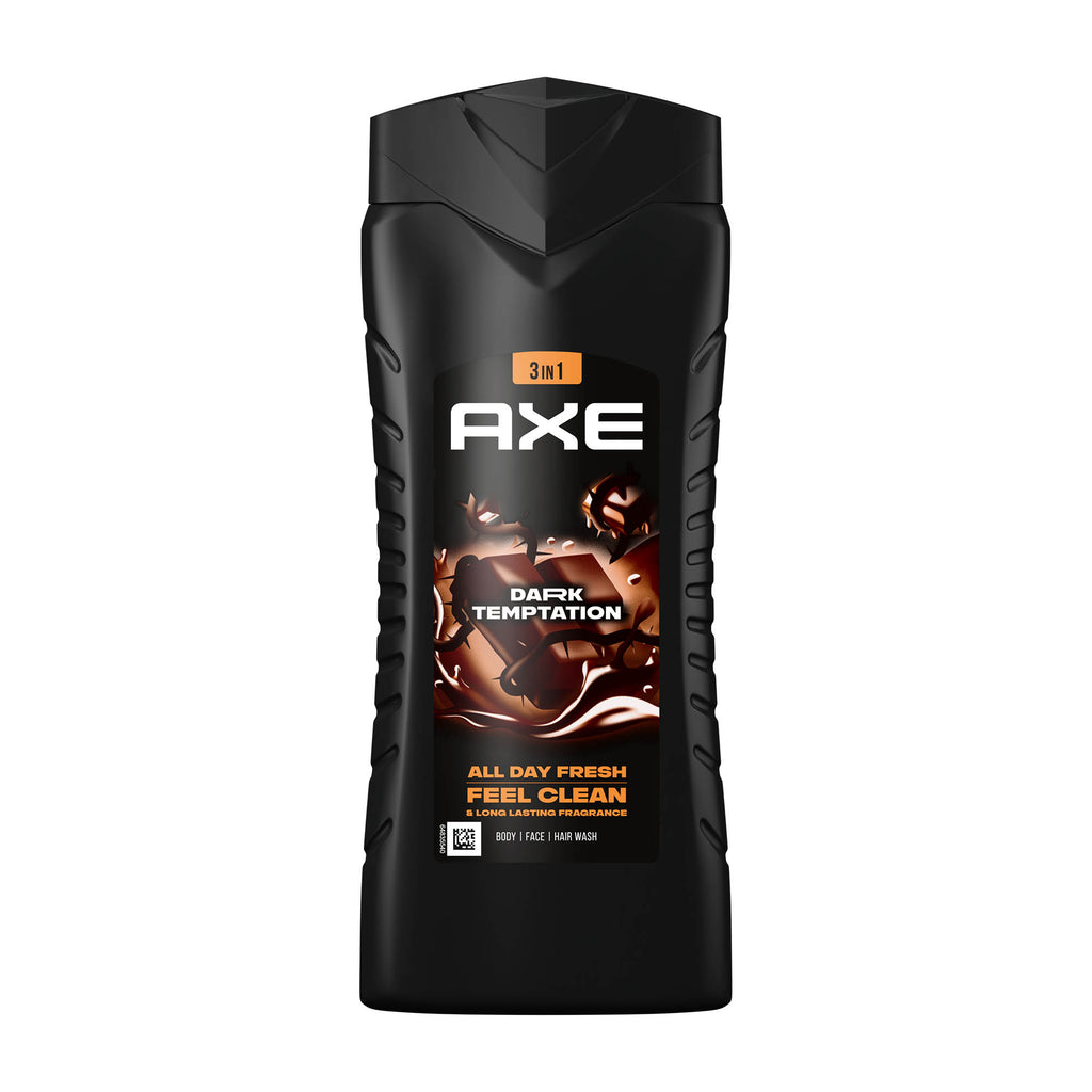 Axe Dark Temptation body wash in a black bottle with a dark chocolate design, indicating a refreshing fragrance with a hint of dark chocolate.