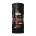 Axe Dark Temptation body wash in a black bottle with a dark chocolate design, indicating a refreshing fragrance with a hint of dark chocolate.