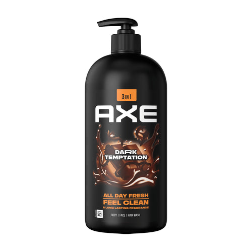 Pump bottle of Axe Dark Temptation body wash on a white background