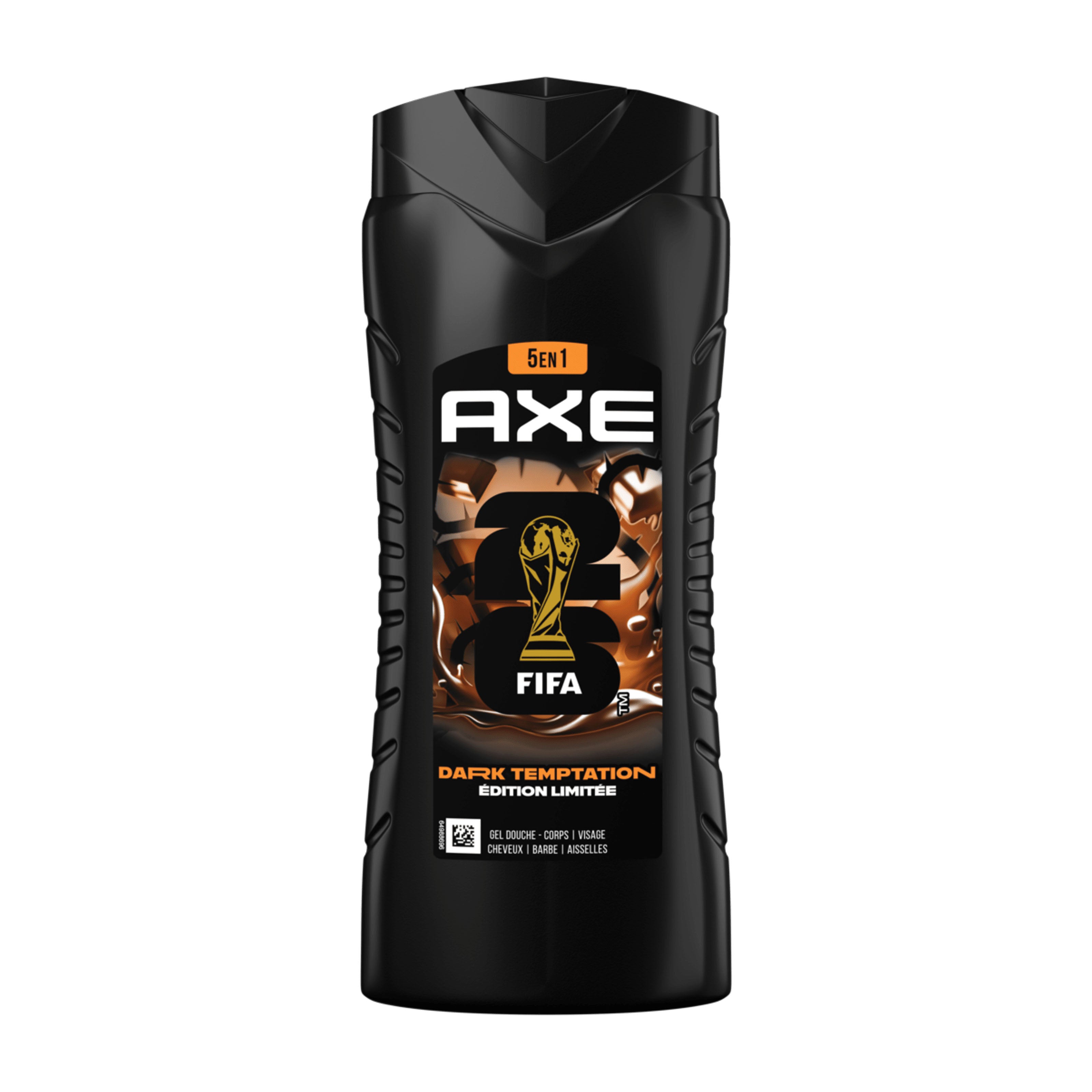 Black bottle of Axe Dark Temptation body wash with FIFA 2026 World Cup logo on a white background