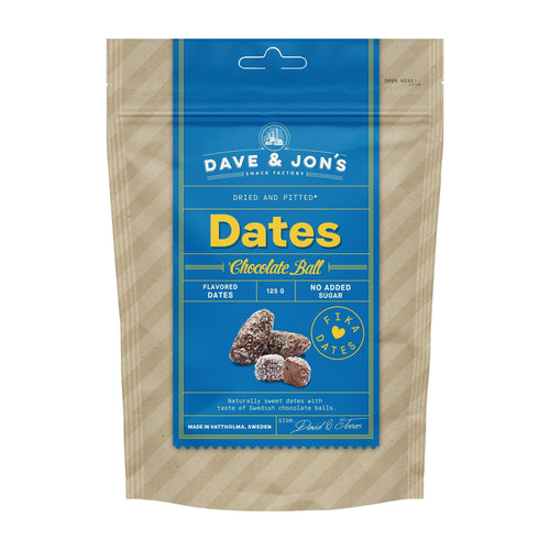 Packaged dates with chocolate balls from Dave & Jon's on a white background