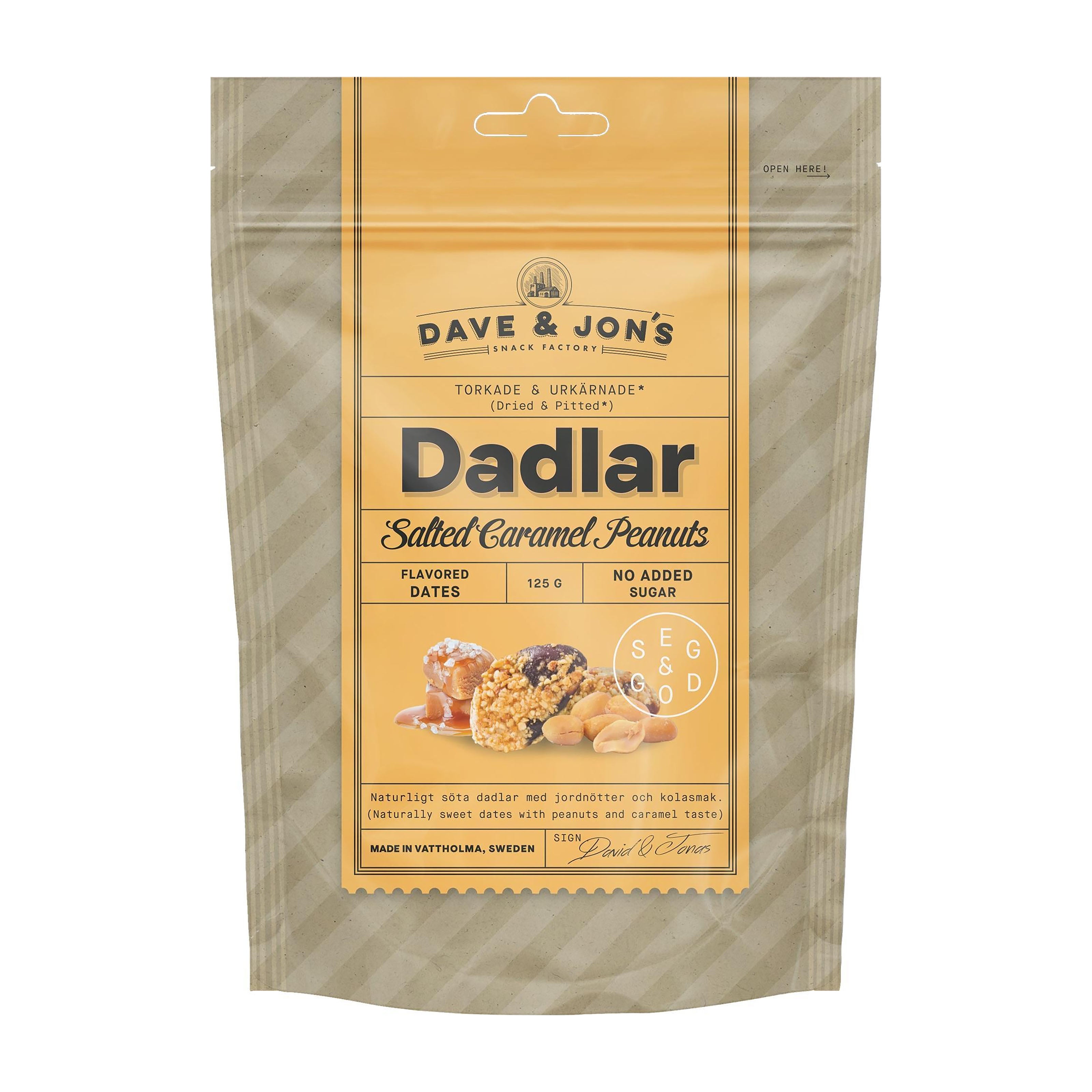 Dave & Jon's Dates Salted Caramel Peanuts packaging on a white background