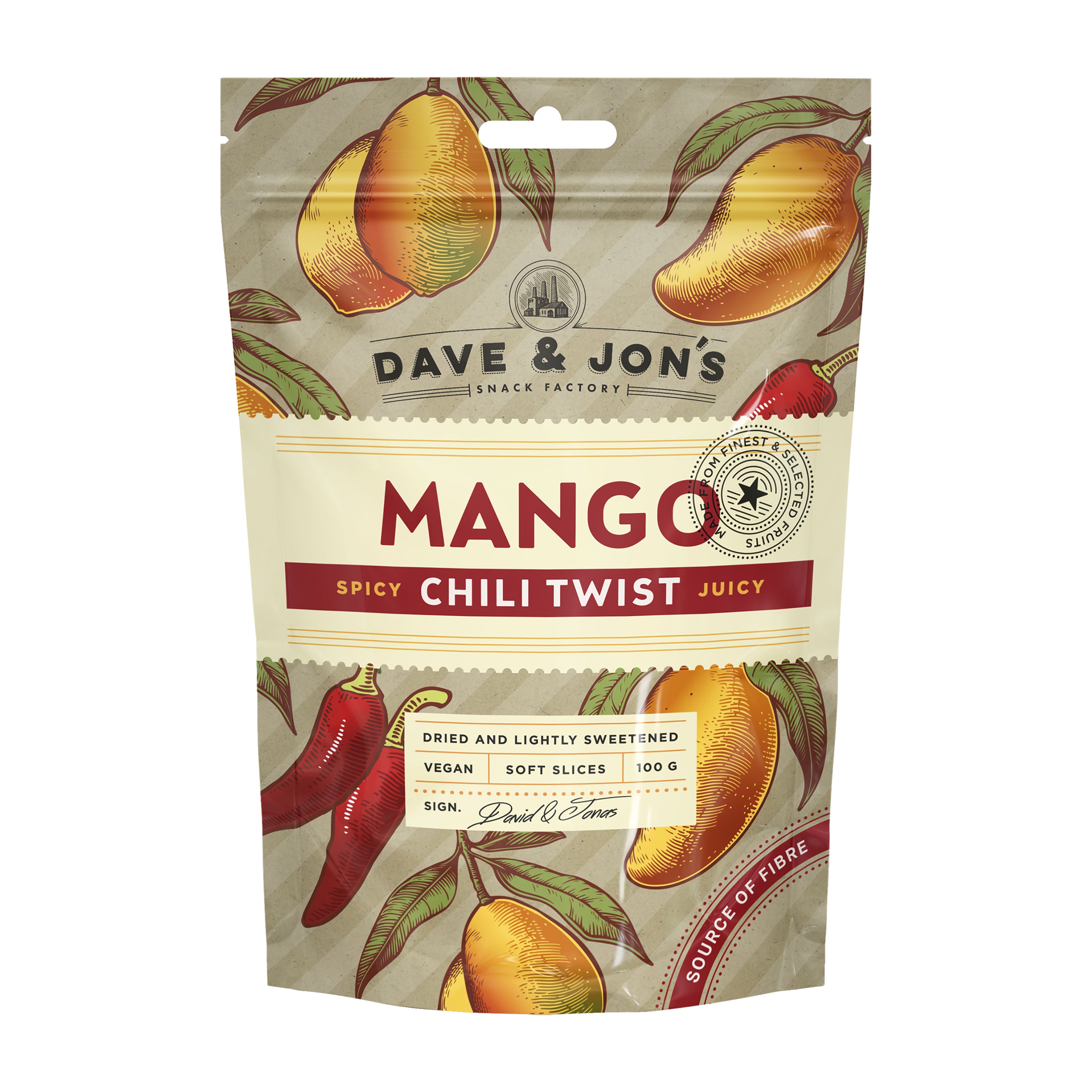 Dave & Jon's Mango Spicy Chili Twist snack package on a white background