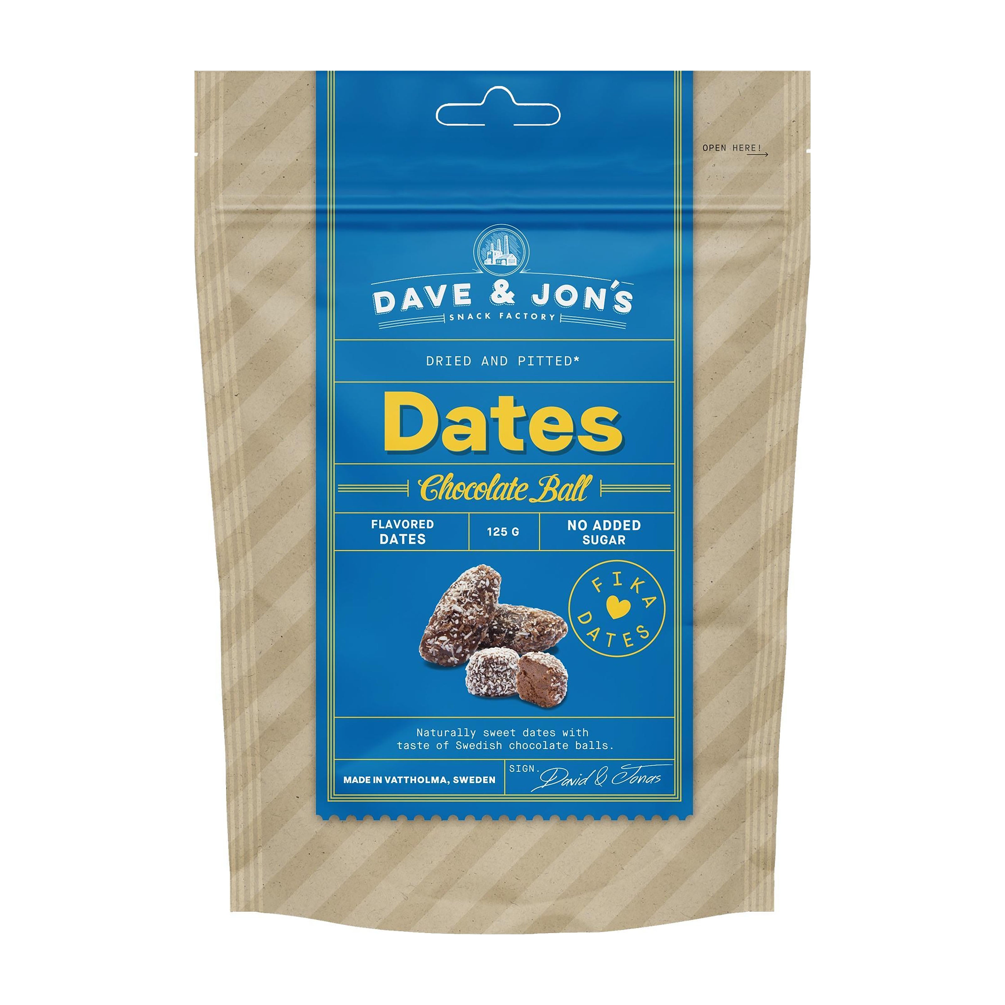 Packaged dates with chocolate balls from Dave & Jon's on a white background