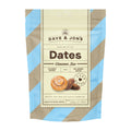 Dave & Jon's Dates Cinnamon Bun package with a blue and brown striped background