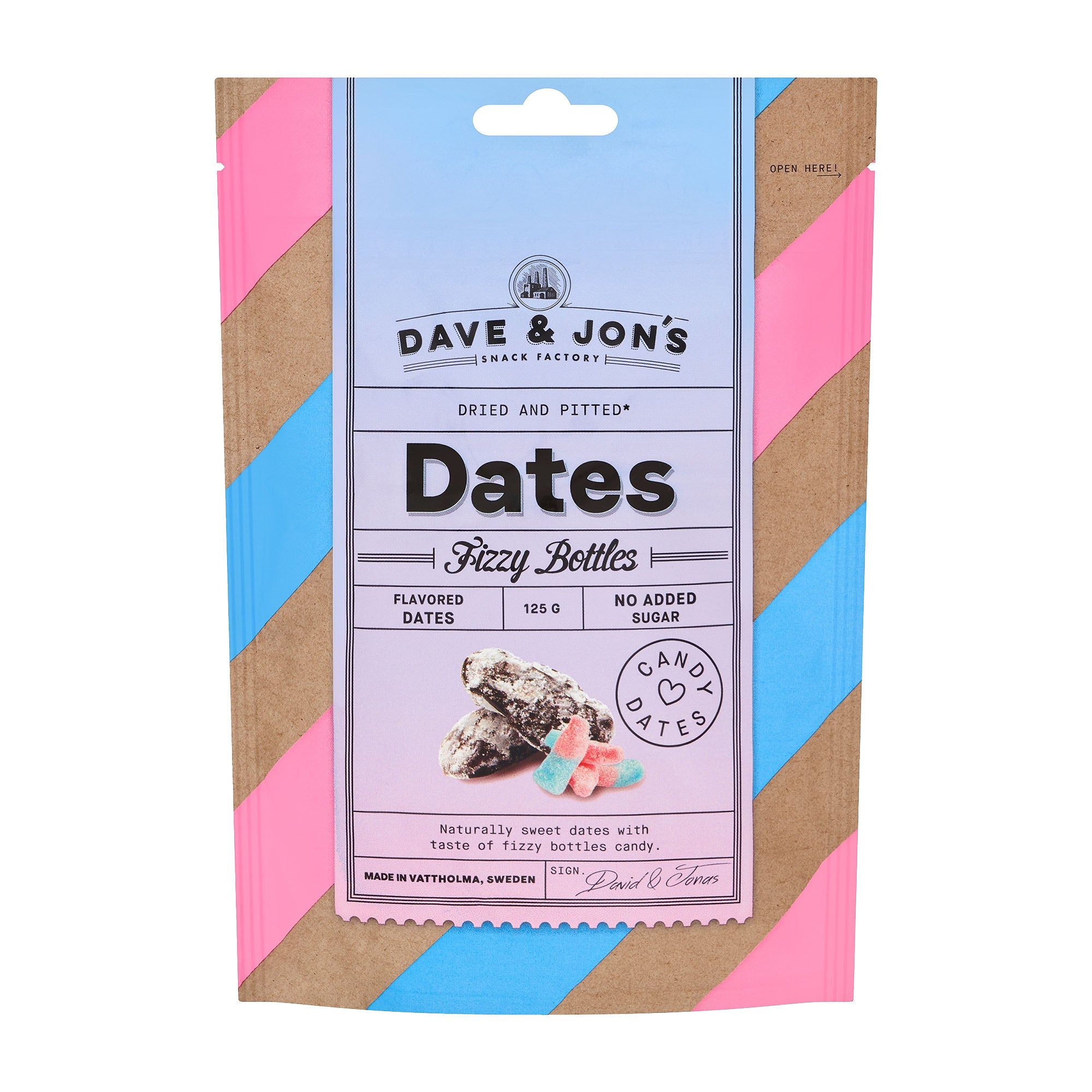 Dave & Jon's Dates Fizzy Bottles packaging with colorful stripes design on a white background
