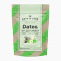 A stand-up pouch of Dave & Jon's Sour Apple & Elderflower Dates, featuring a light green and brown kraft paper design with a central white label.