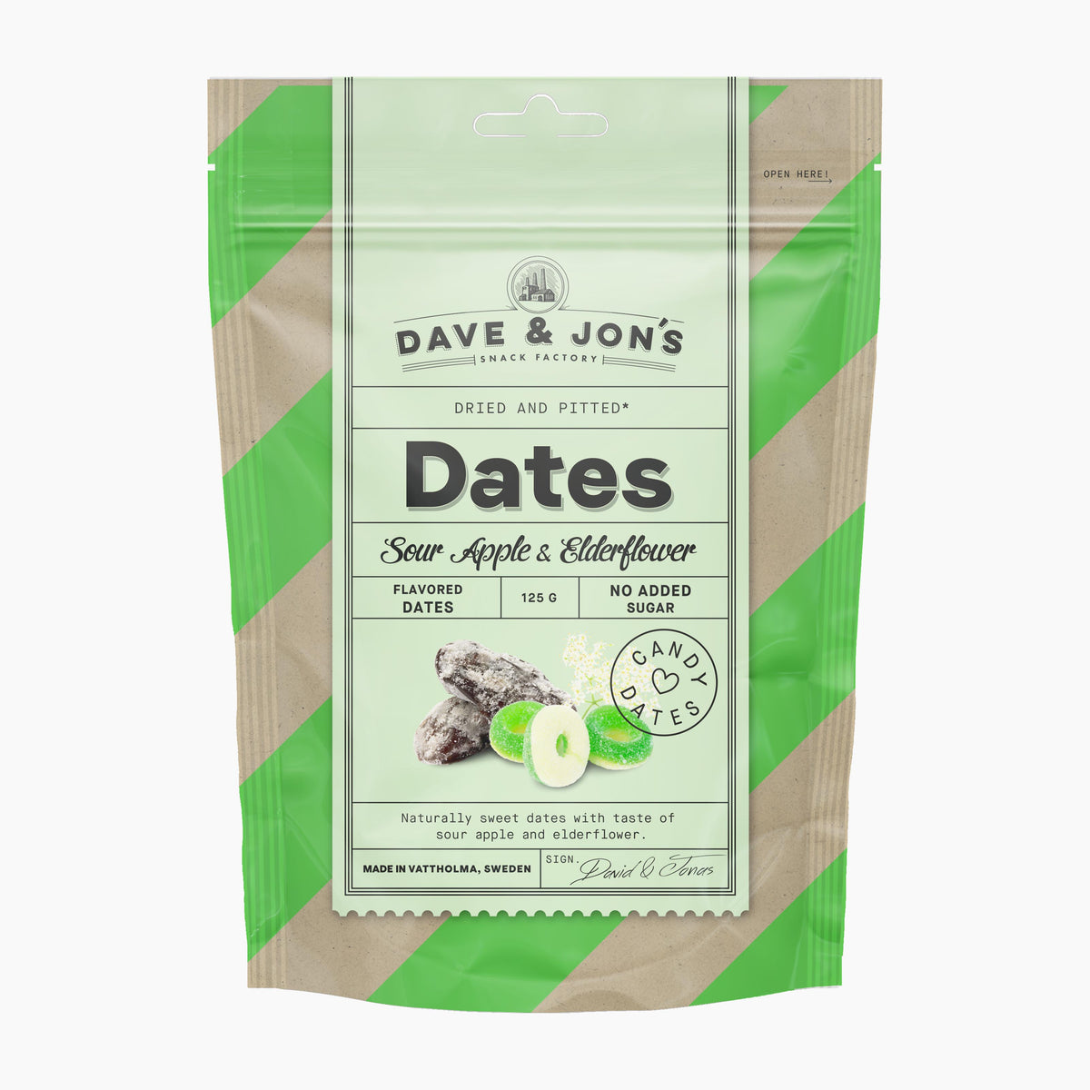 A stand-up pouch of Dave & Jon's Sour Apple & Elderflower Dates, featuring a light green and brown kraft paper design with a central white label.