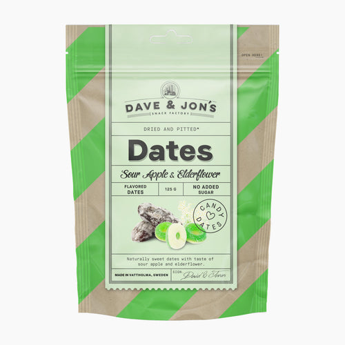 A stand-up pouch of Dave & Jon's Sour Apple & Elderflower Dates, featuring a light green and brown kraft paper design with a central white label.
