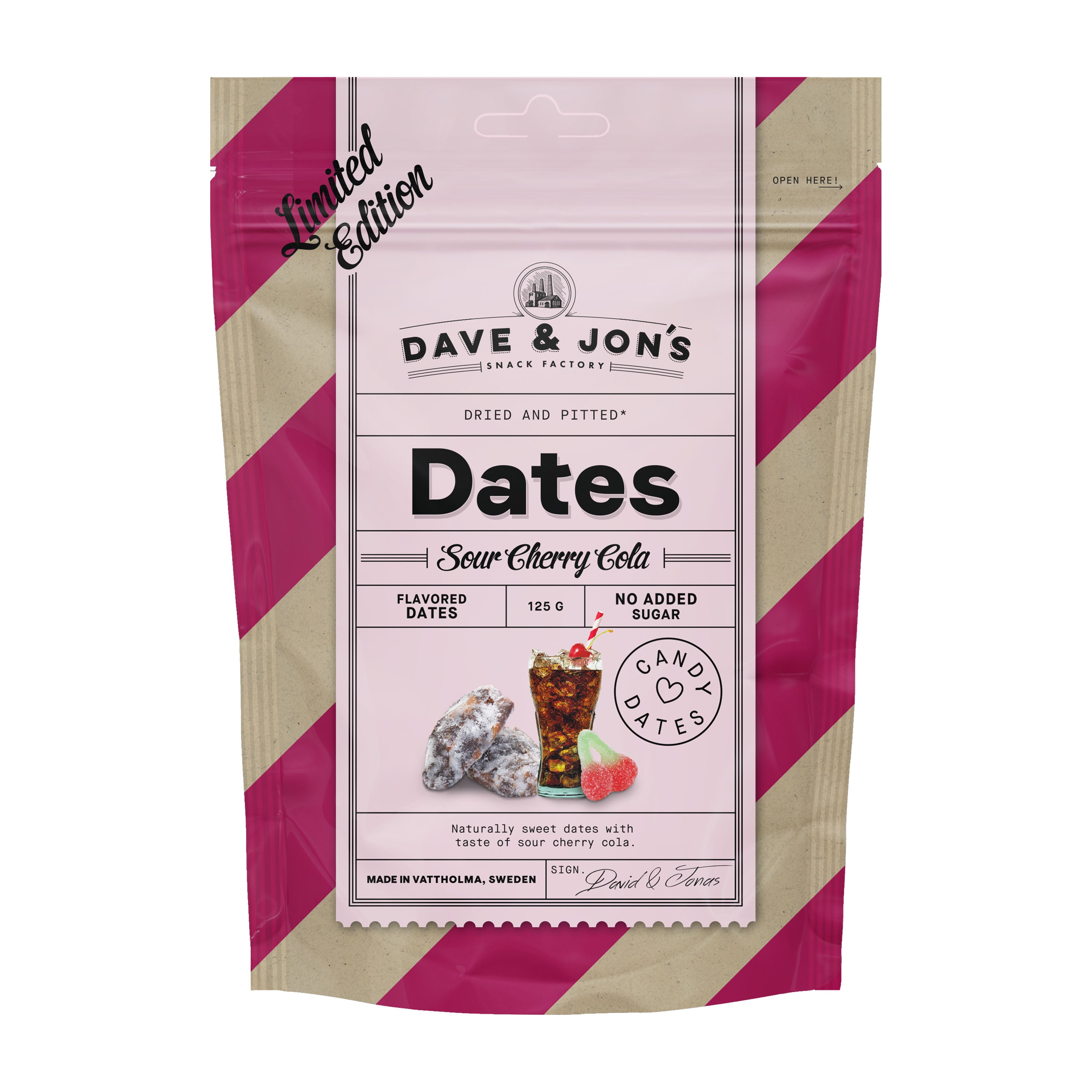 Dave & Jon's Dates Sour Cherry Cola packaging with pink and beige striped design
