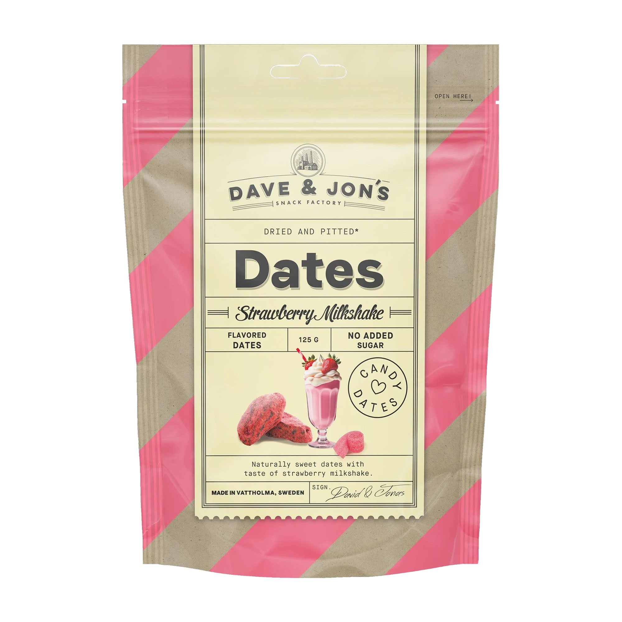 Dave & Jon's Dates Strawberry Milkshake package on a white background