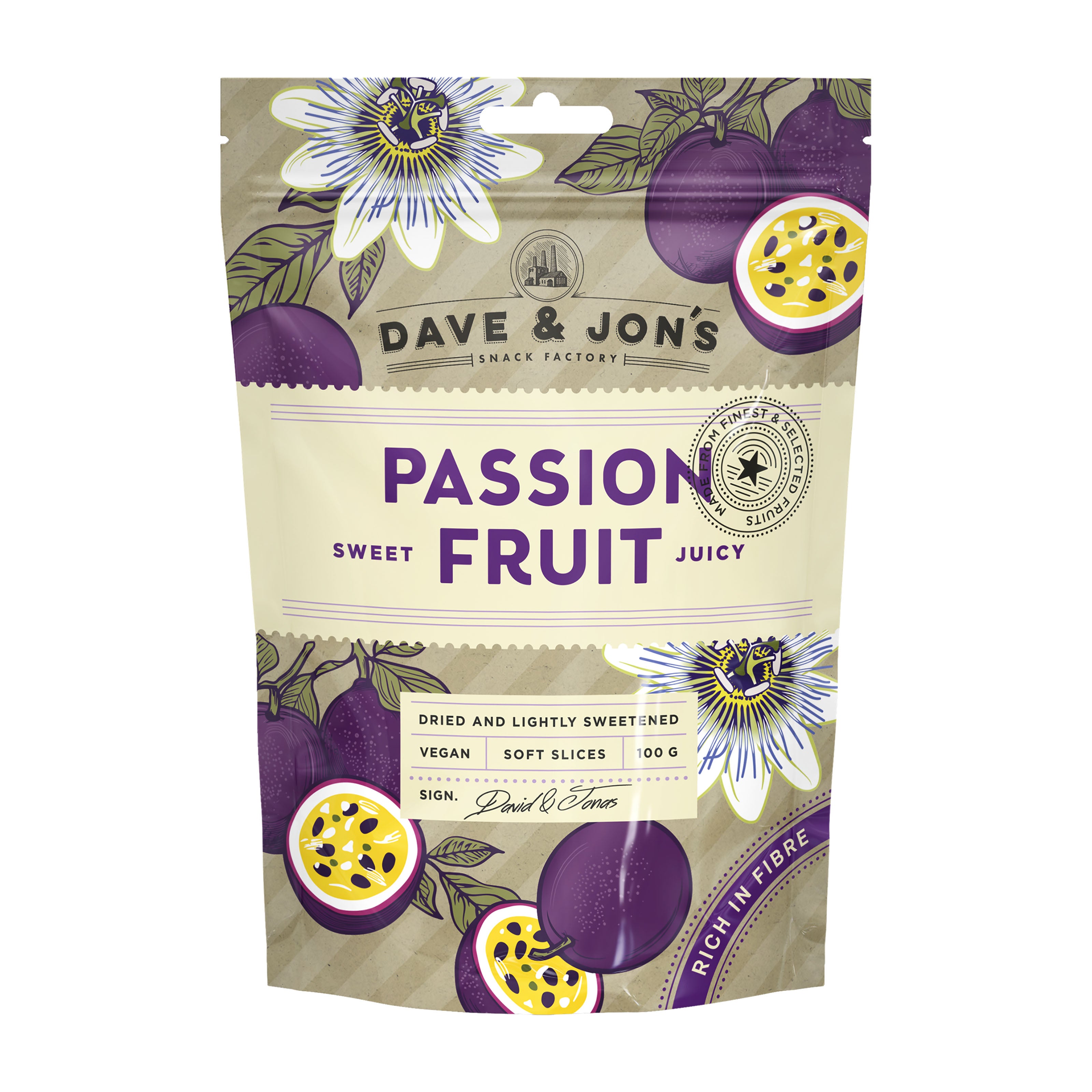 Dave and Jon's Dried Passion Fruit packaging on a white background.