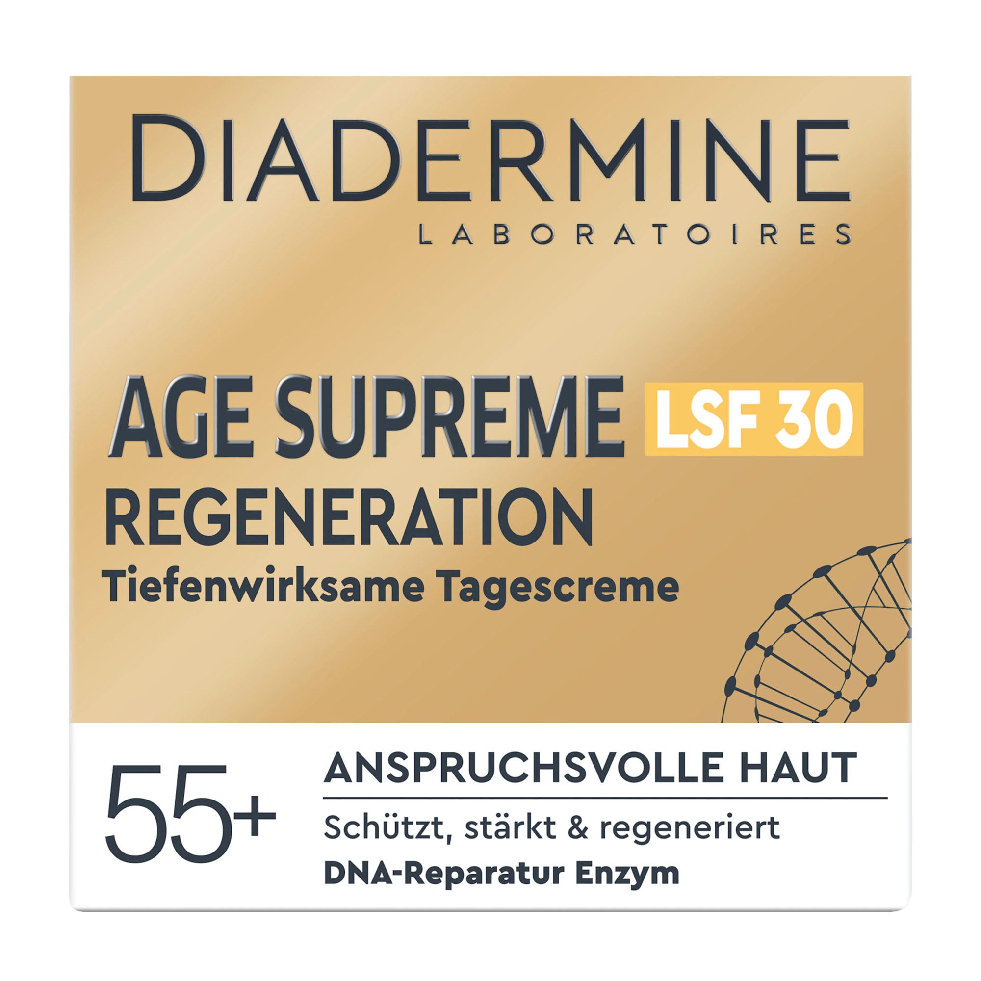Diadermine Age Supreme Regeneration SPF 30 Day Cream packaging on a gold background