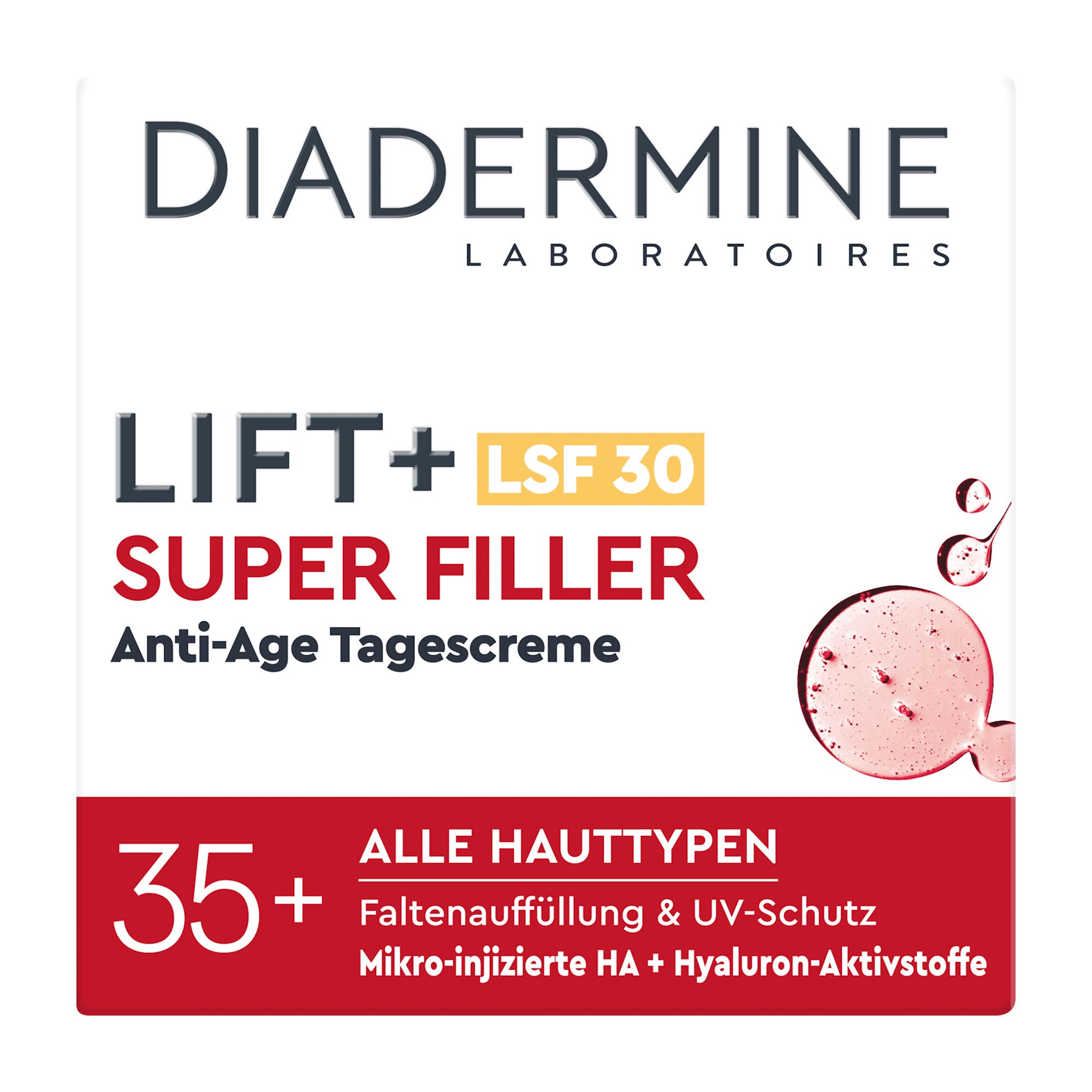 Diadermine Lift+ Super Filler anti-age day cream packaging with text and a red background.