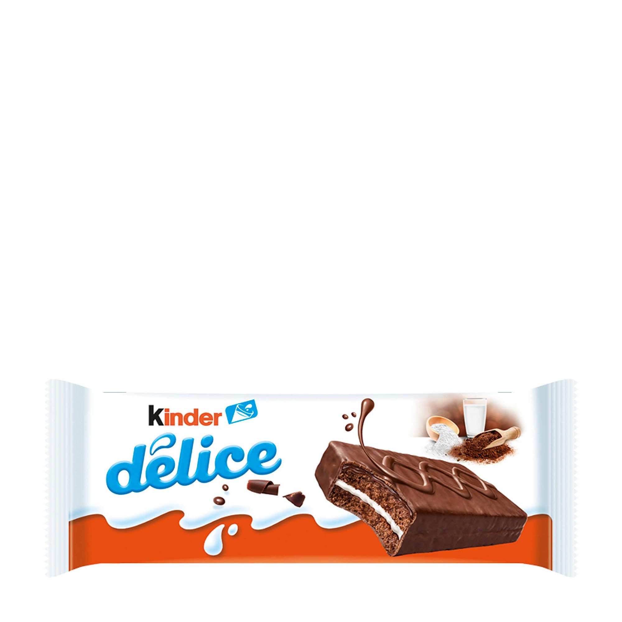Packaging of kinder Delice Cocoa Sponge Cake with Milk Cream. The cake is depicted with chocolate glaze on top, and the packaging features the kinder logo and the word 'Delice' prominently.