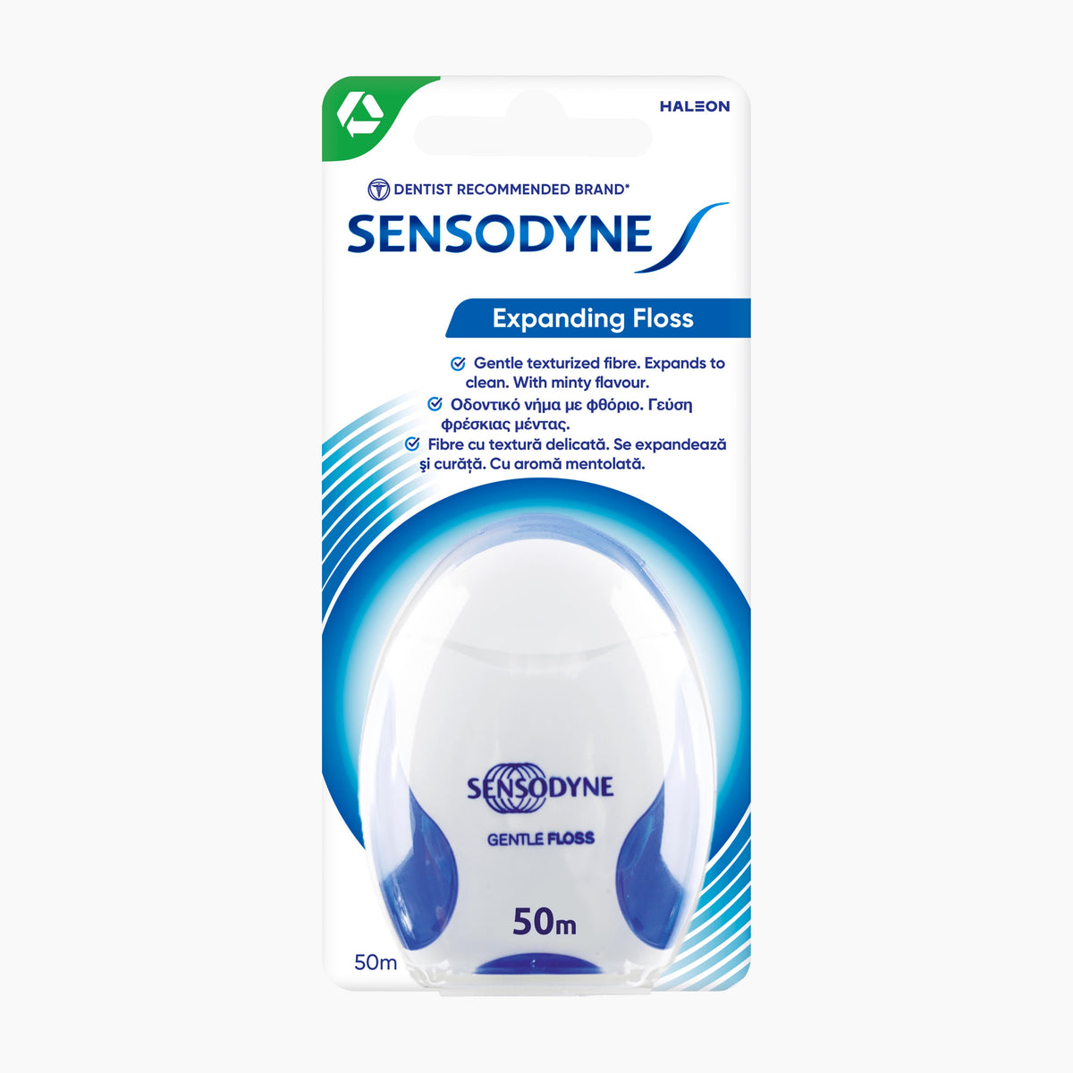 A package of Sensodyne Expanding Floss, 50m length, in its original retail blister card packaging. The floss container is white with blue accents, and the packaging features blue and green branding elements on a clean white background.