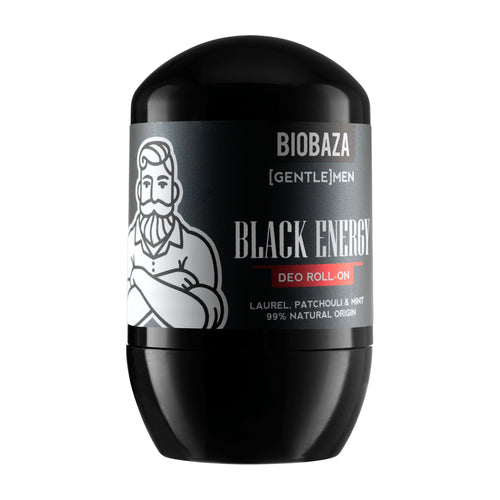 Biobaza Black Energy Deo Roll-On packaging on a white background.