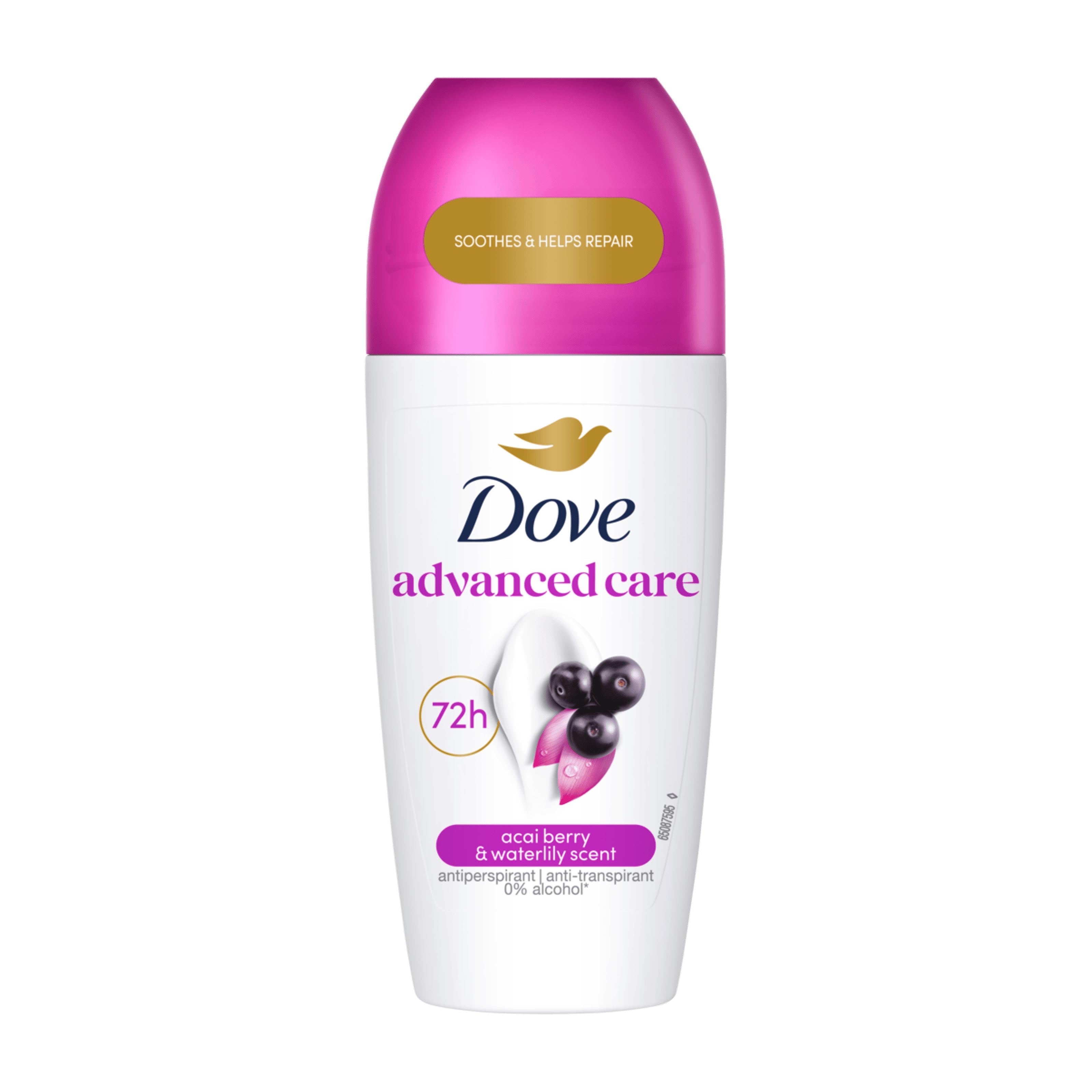 Dove advanced care antiperspirant roll-on with acai berry and waterlily scent on a white background