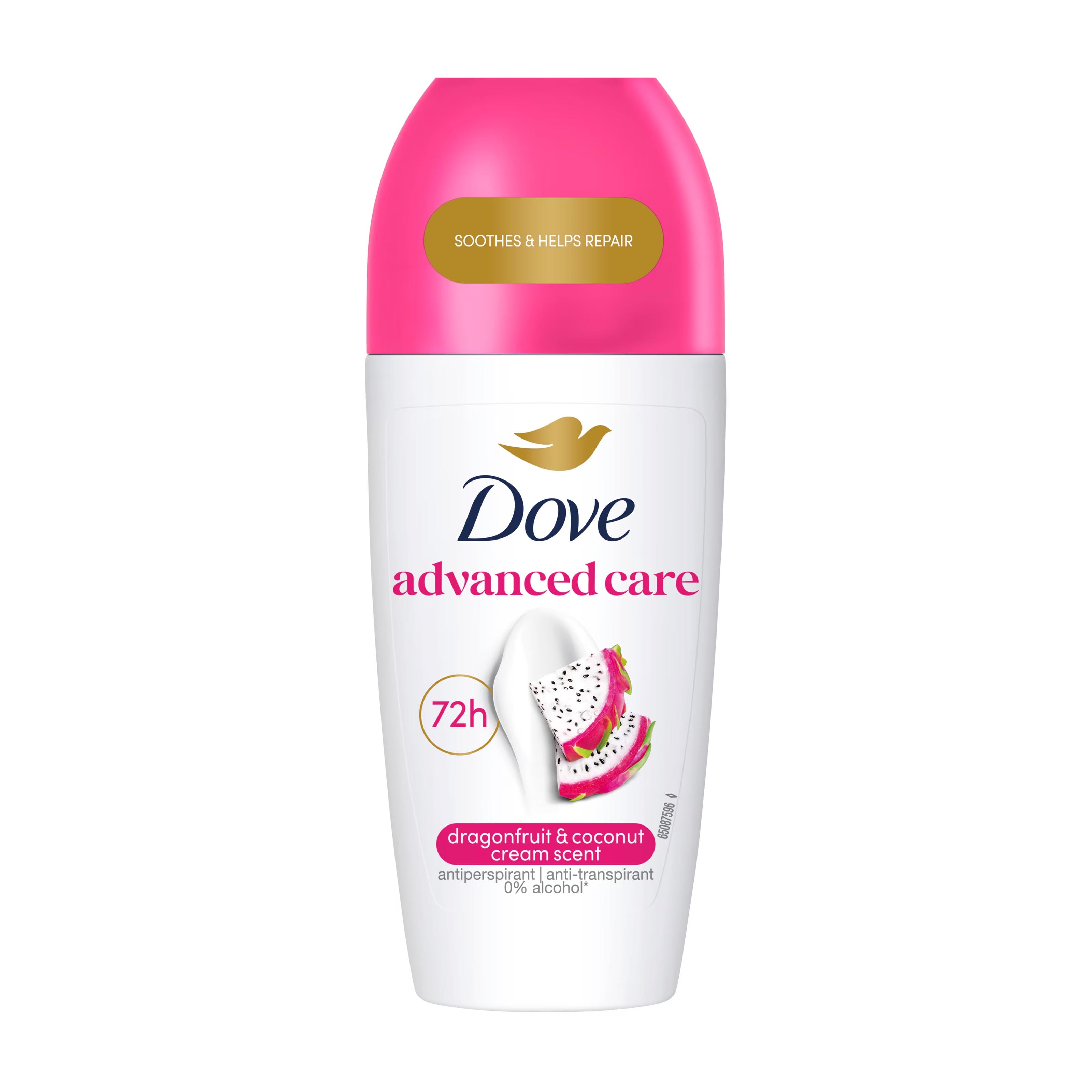 Dove advanced care dragonfruit & coconut cream scent antiperspirant roll-on with pink cap on a white background