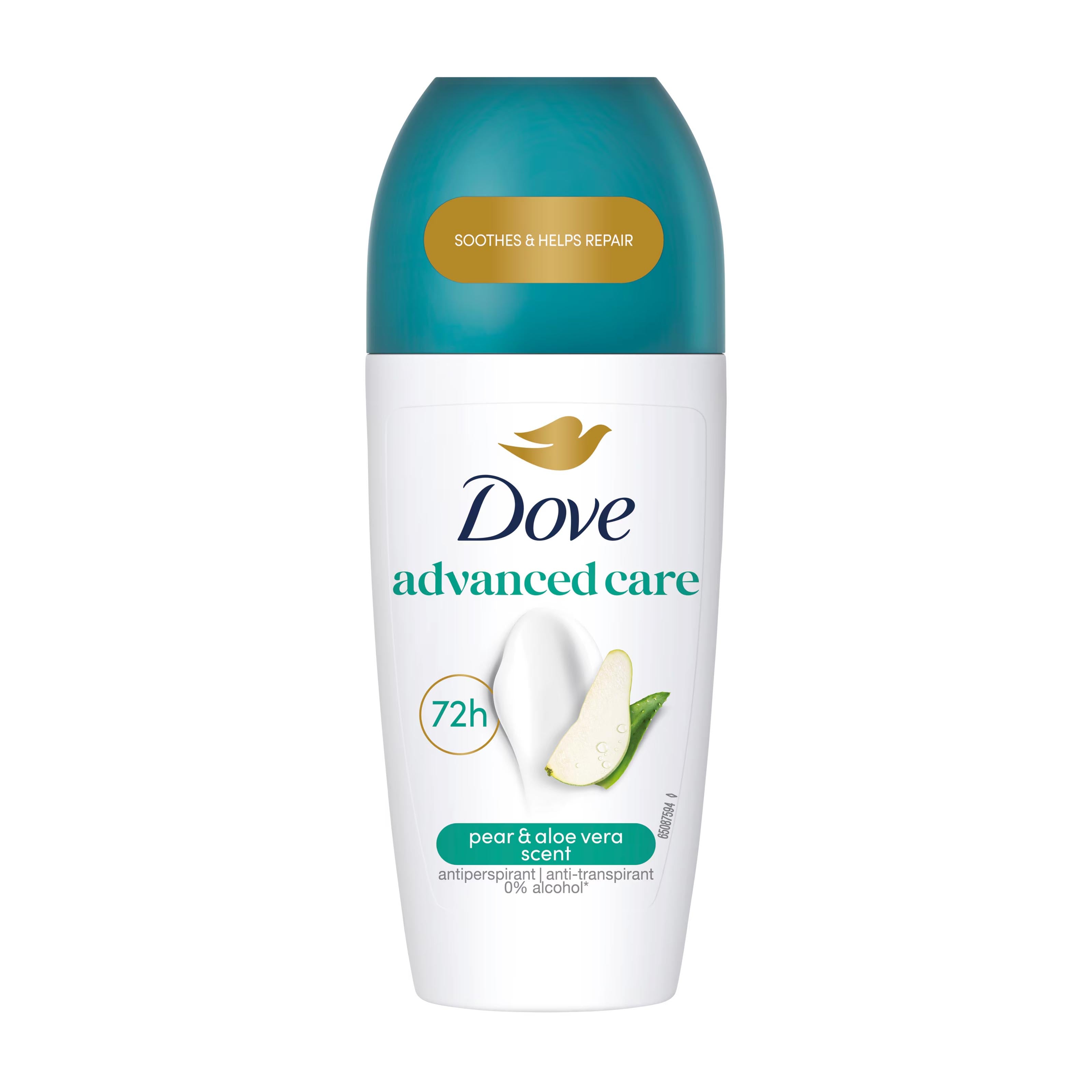 Dove advanced care pear & aloe vera scent antiperspirant roll-on on a white background