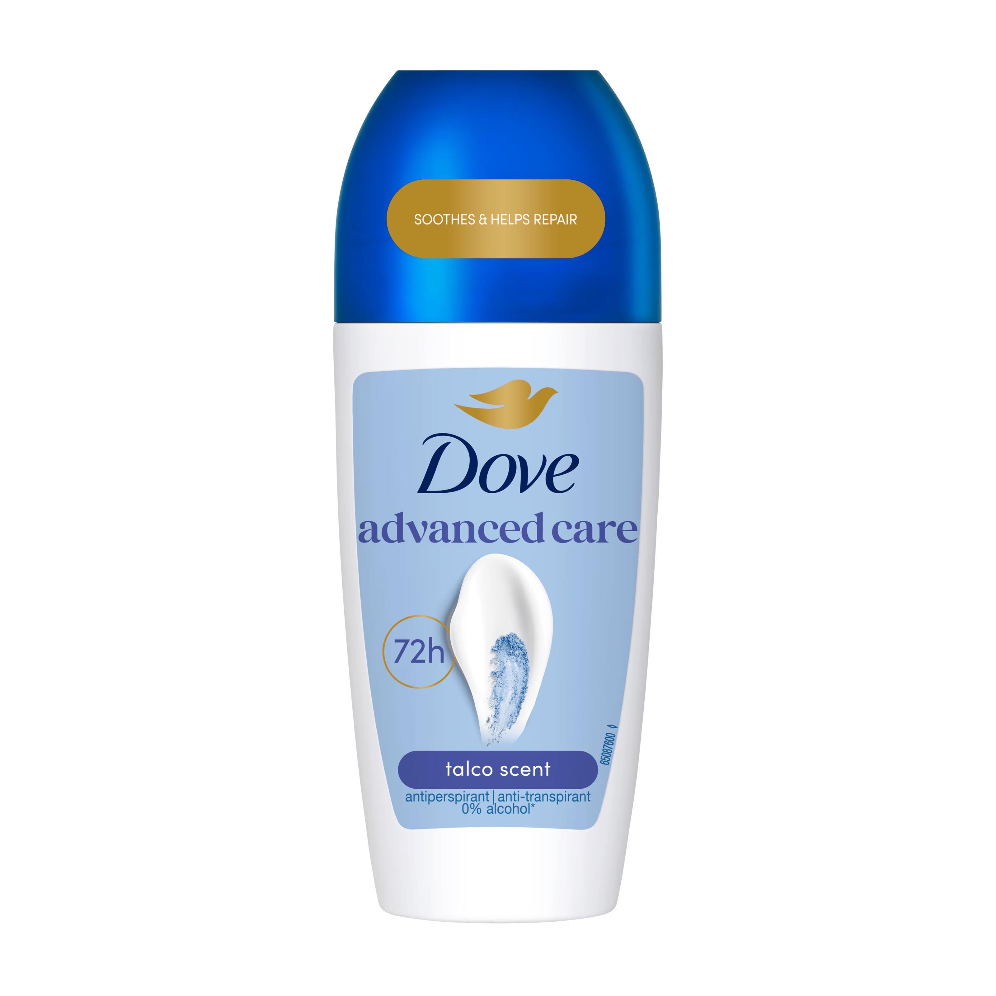 Dove advanced care talco scent antiperspirant roll-on on a white background