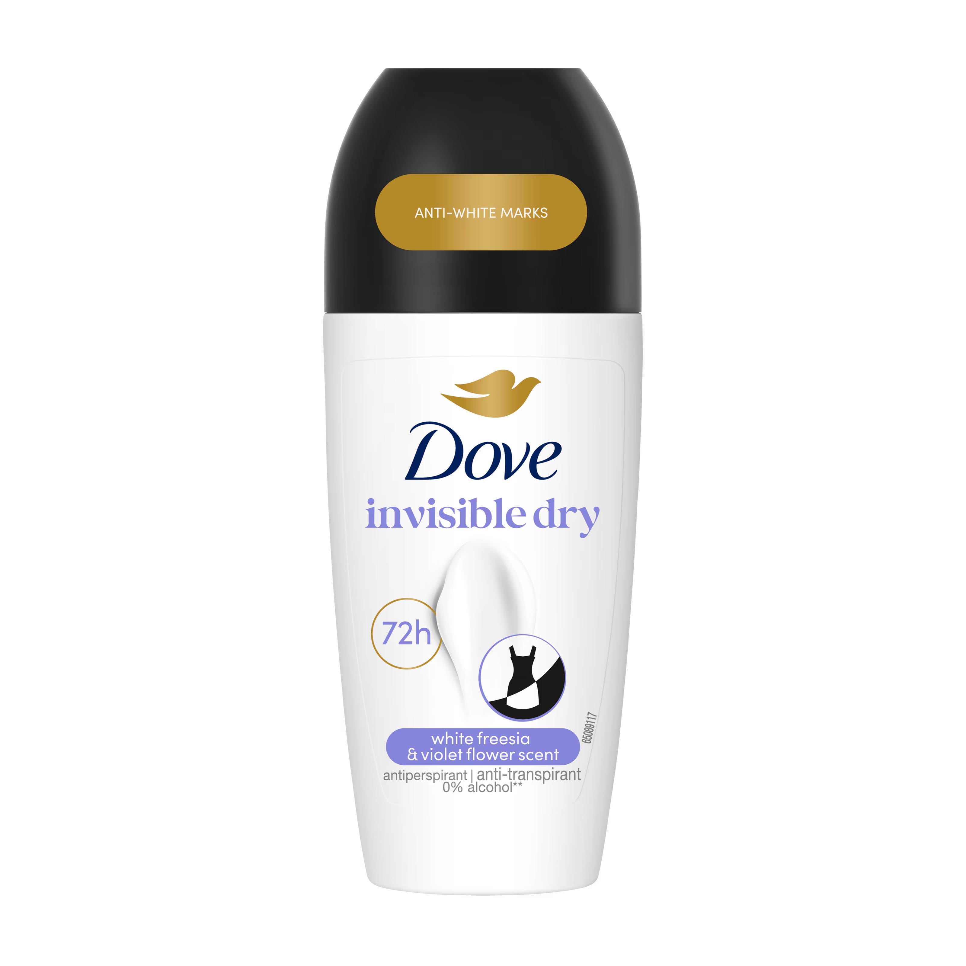 Dove invisible dry white freesia & violet flower scent antiperspirant roll-on on a white background