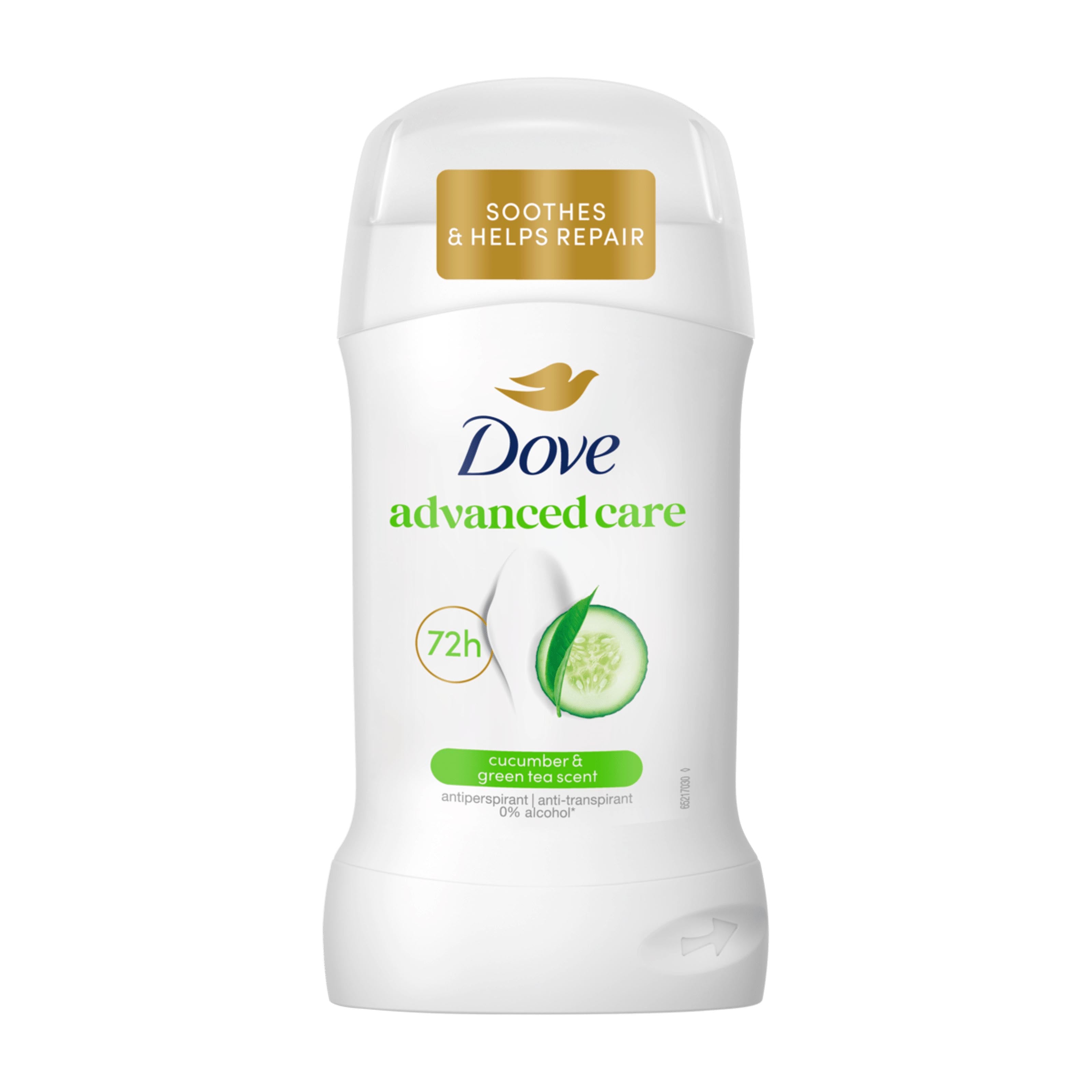Dove advanced care deodorant stick with cucumber and green tea scent on a white background