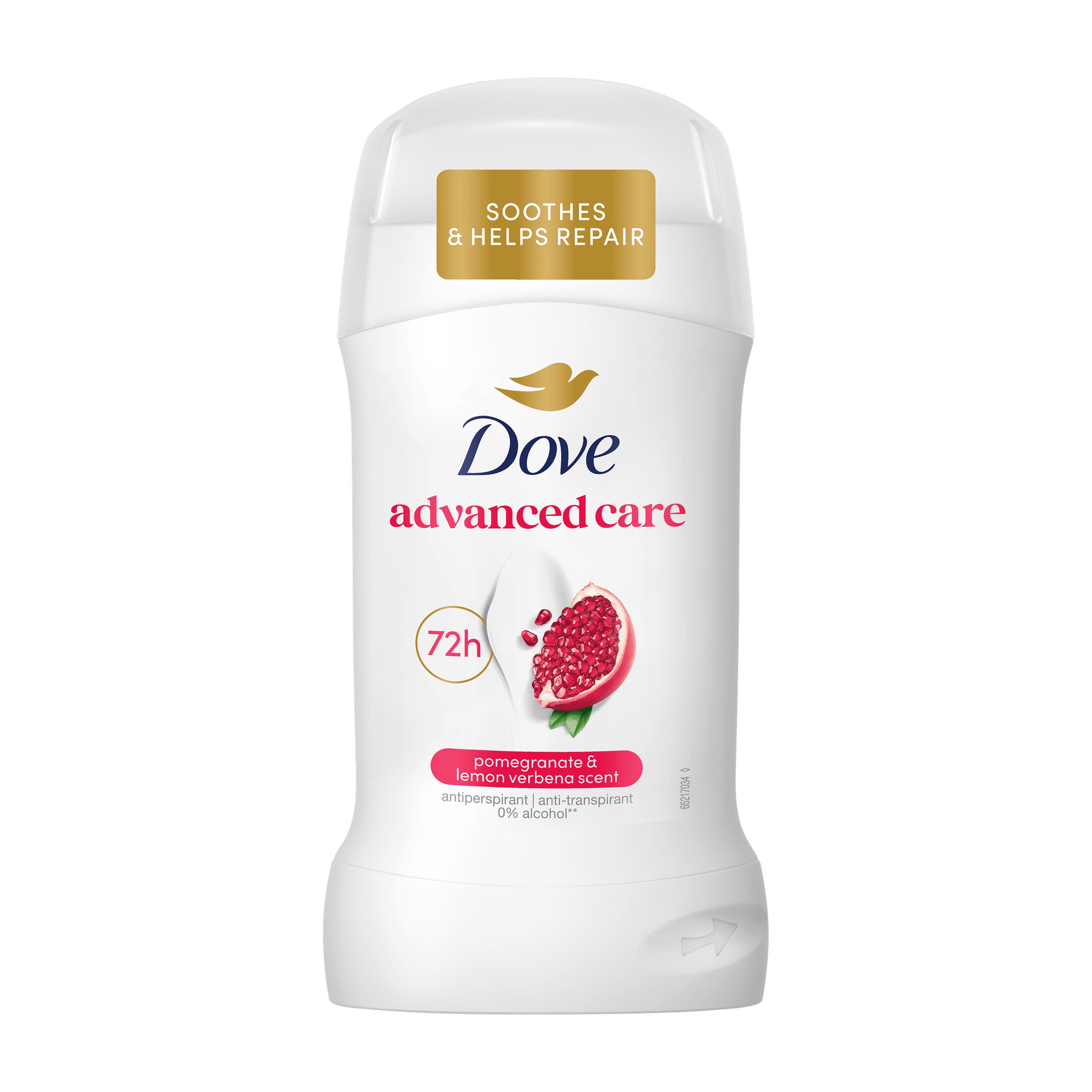 Dove advanced care pomegranate & lemon verbena antiperspirant stick with pomegranate and lemon verbena scent on a white background