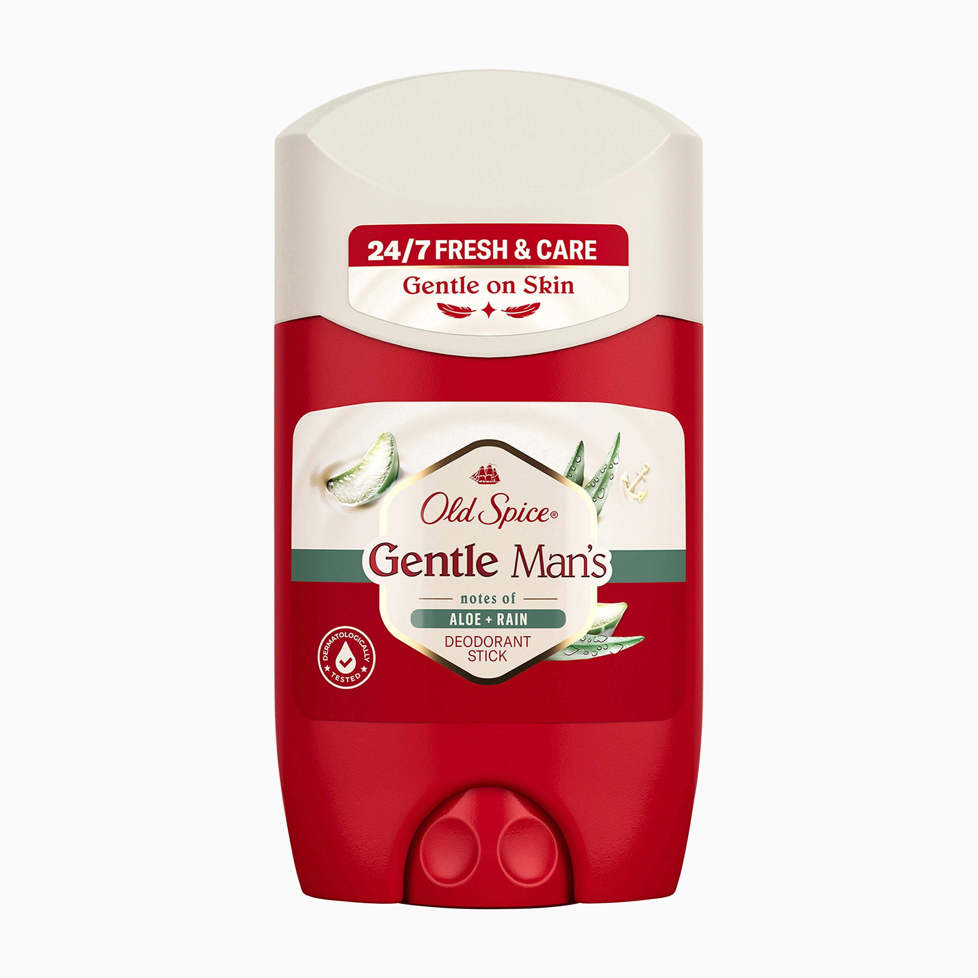 A single Old Spice Gentle Men's deodorant stick in Aloe + Rain scent, shown against a plain white background. The product features a red lower container with two circular push buttons, a cream-colored top cap, and a central white label with green and red text and illustrations of aloe vera.