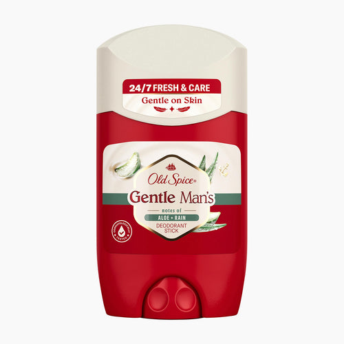 A single Old Spice Gentle Men's deodorant stick in Aloe + Rain scent, shown against a plain white background. The product features a red lower container with two circular push buttons, a cream-colored top cap, and a central white label with green and red text and illustrations of aloe vera.