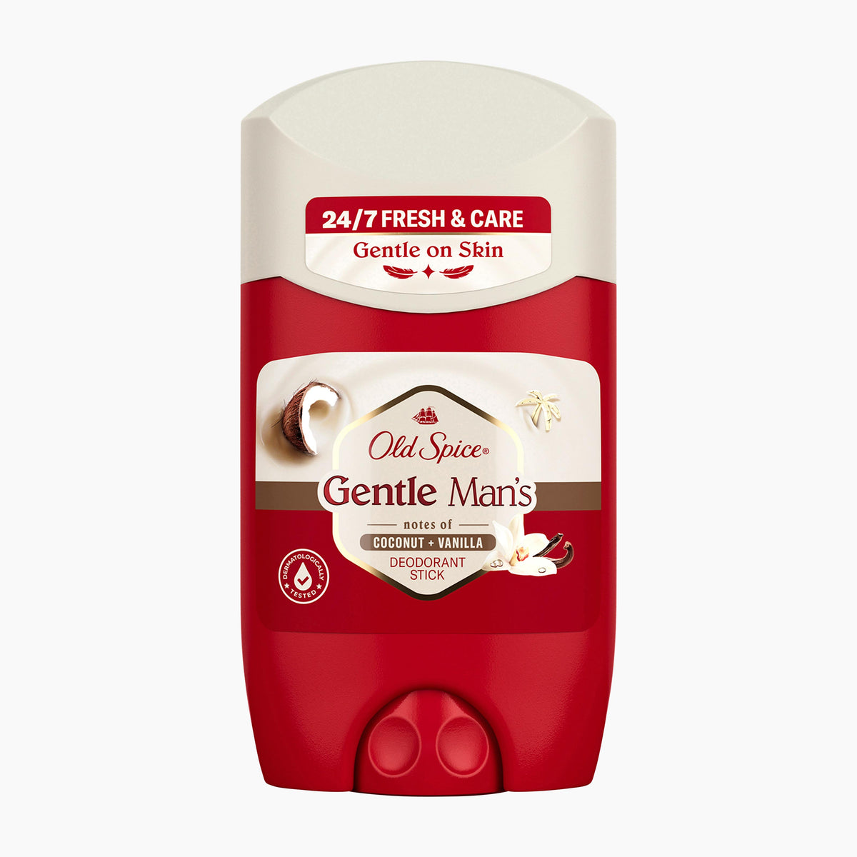 Old Spice Gentle Men deodorant stick in Coconut + Vanilla scent, in a red and off-white plastic container with a flip-top cap, shown on a light gray background.