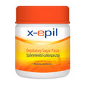 A jar of X-Epil Depilatory Sugar Paste with orange lid, primarily white label with orange and blue text, against a plain background.