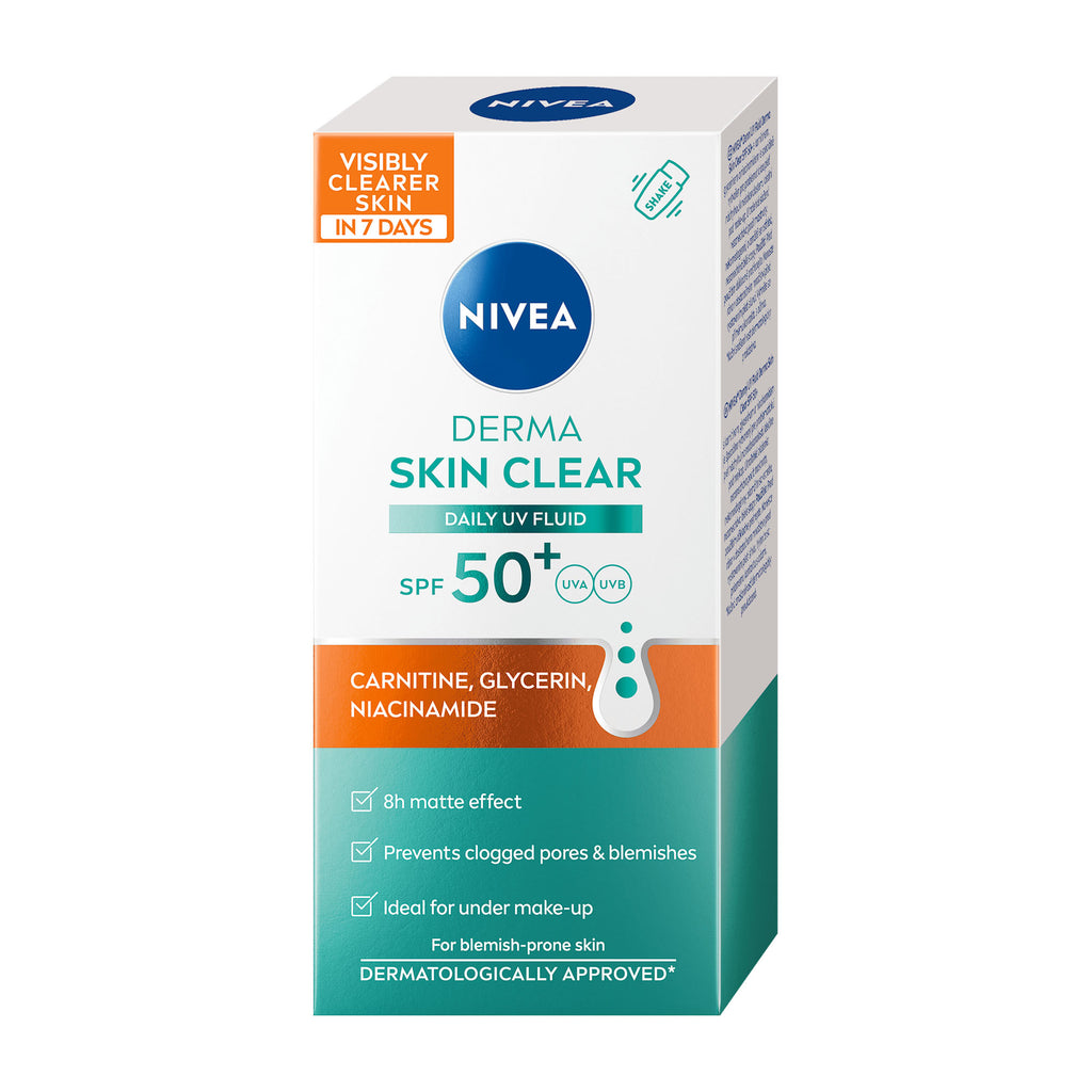 Nivea Derma Skin Clear daily UV fluid SPF 50+ packaging on a white background