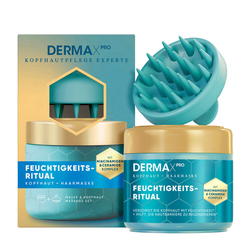 Head&Shoulders Derma x Pro Scalp Mask & Scalp Massage Set with jar, massage brush, and packaging on a white background