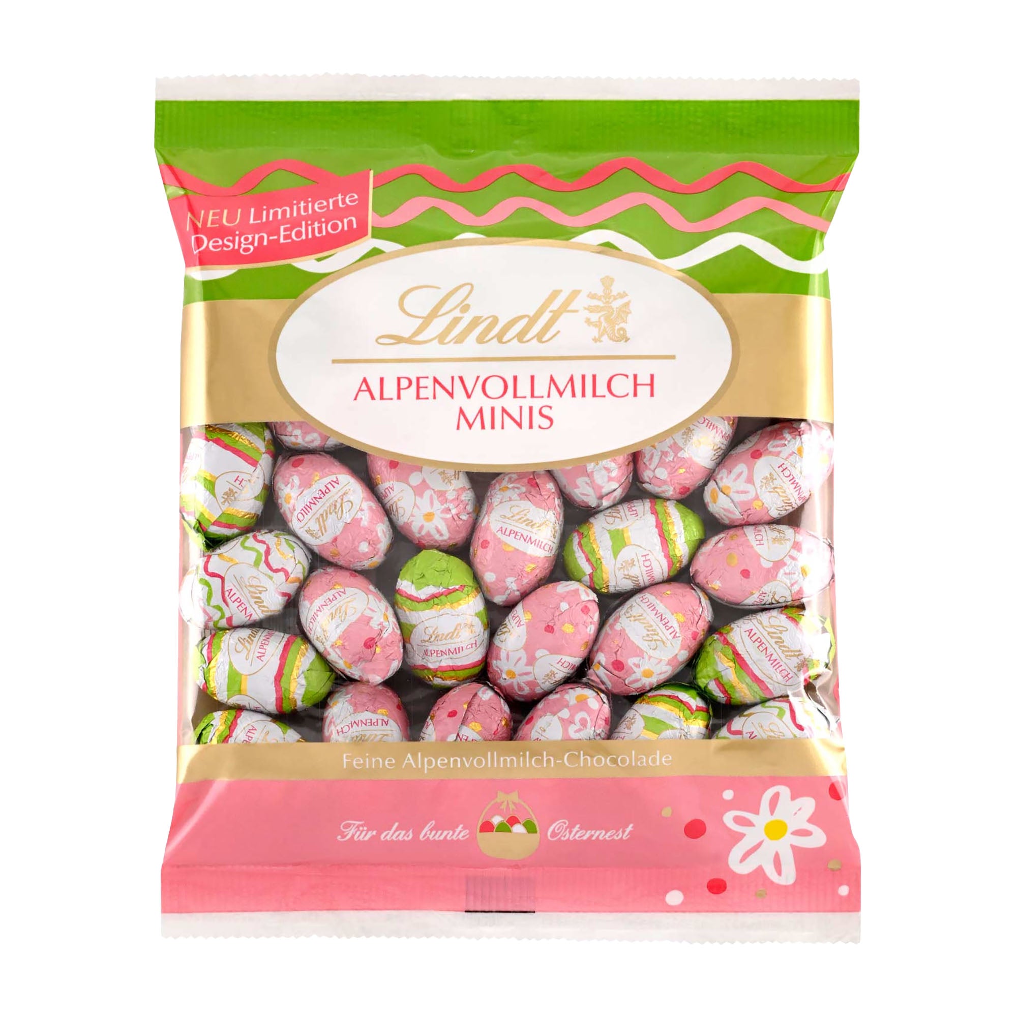 Pack of Lindt Design Edition Alpine Milk Mini-Eggs in a colorful packaging.