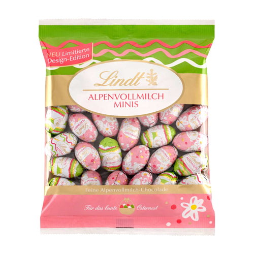 Pack of Lindt Design Edition Alpine Milk Mini-Eggs in a colorful packaging.