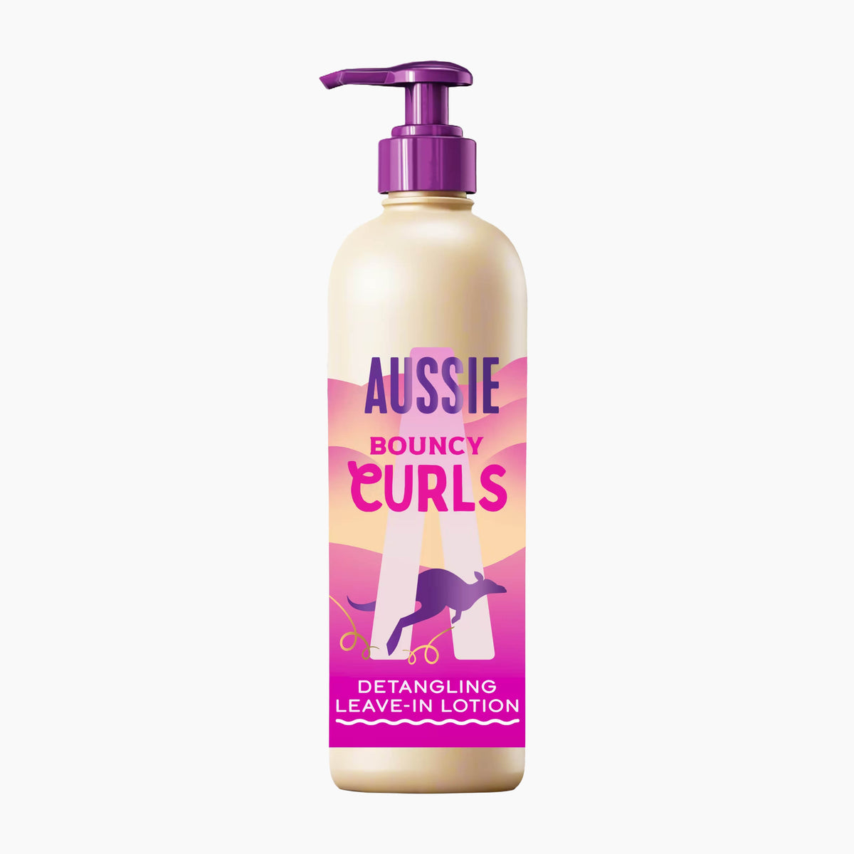 A bottle of Aussie Bouncy Curls Detangling Leave-In Lotion with a cream-colored body, a purple pump dispenser, and a pink and purple label featuring a kangaroo graphic.