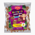 A bag of Detki Animal-shaped cocoa biscuits featuring a colorful cartoon monkey label on a white background.