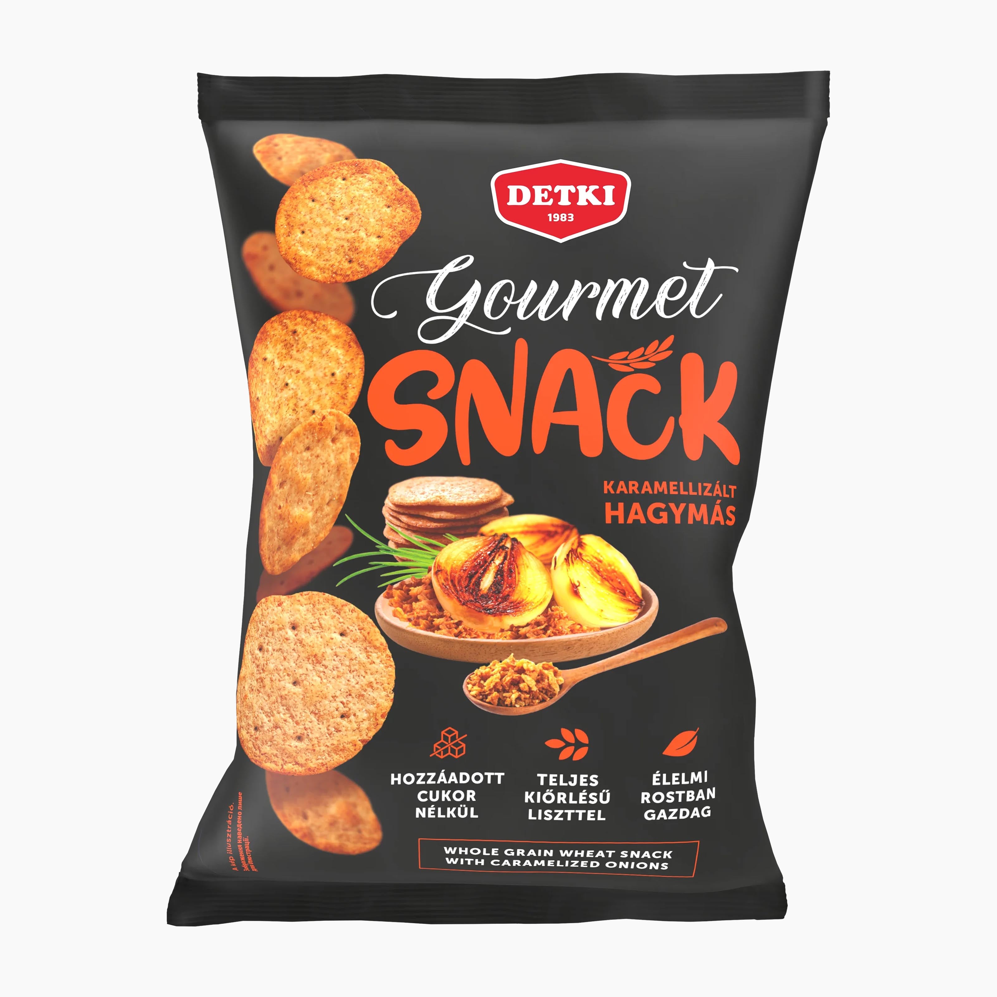 A bag of Detki Gourmet Snack Caramelized Onion whole grain wheat snack chips, shown on a clean white background.