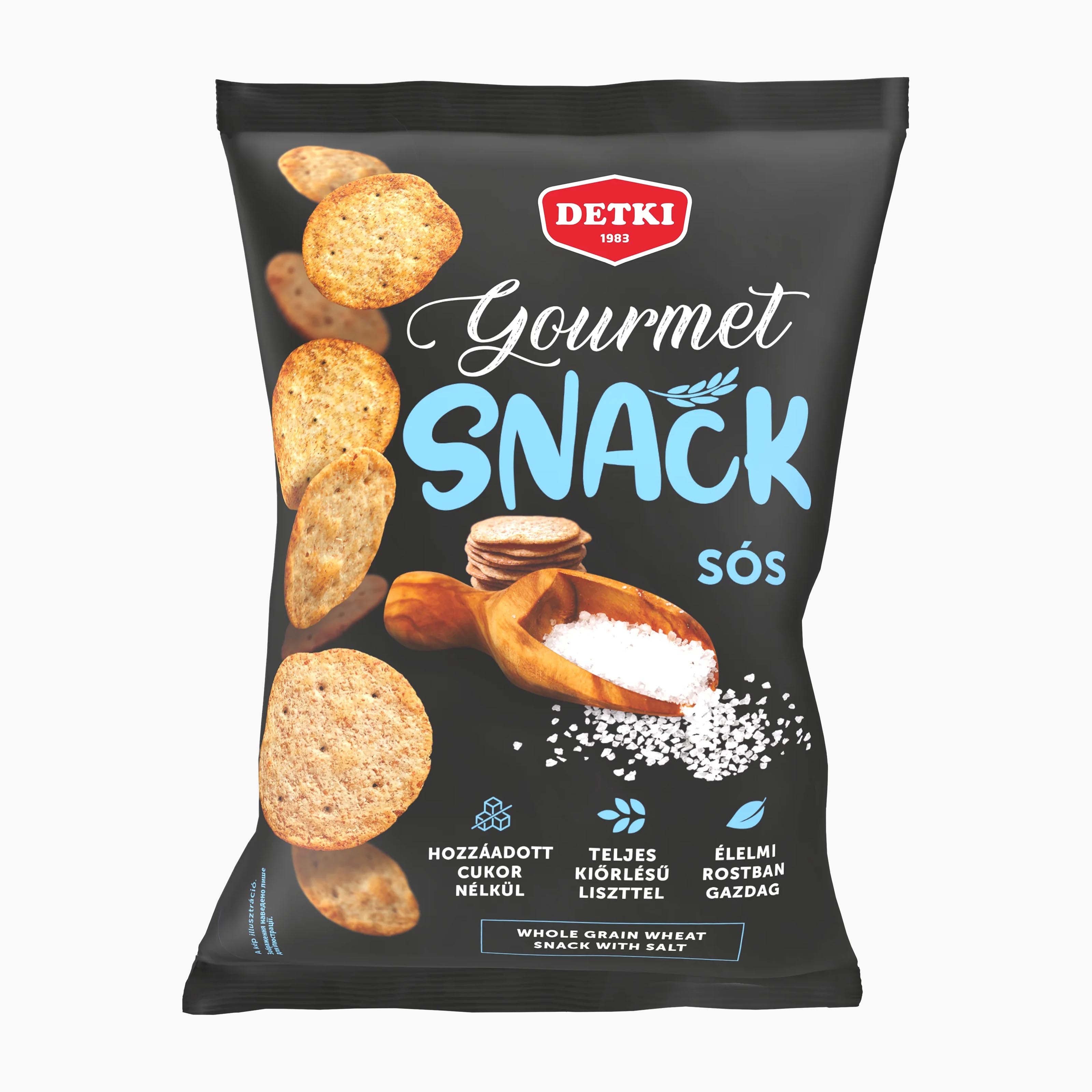 Detki Salted gourmet snack bag with crackers and salt on a white background