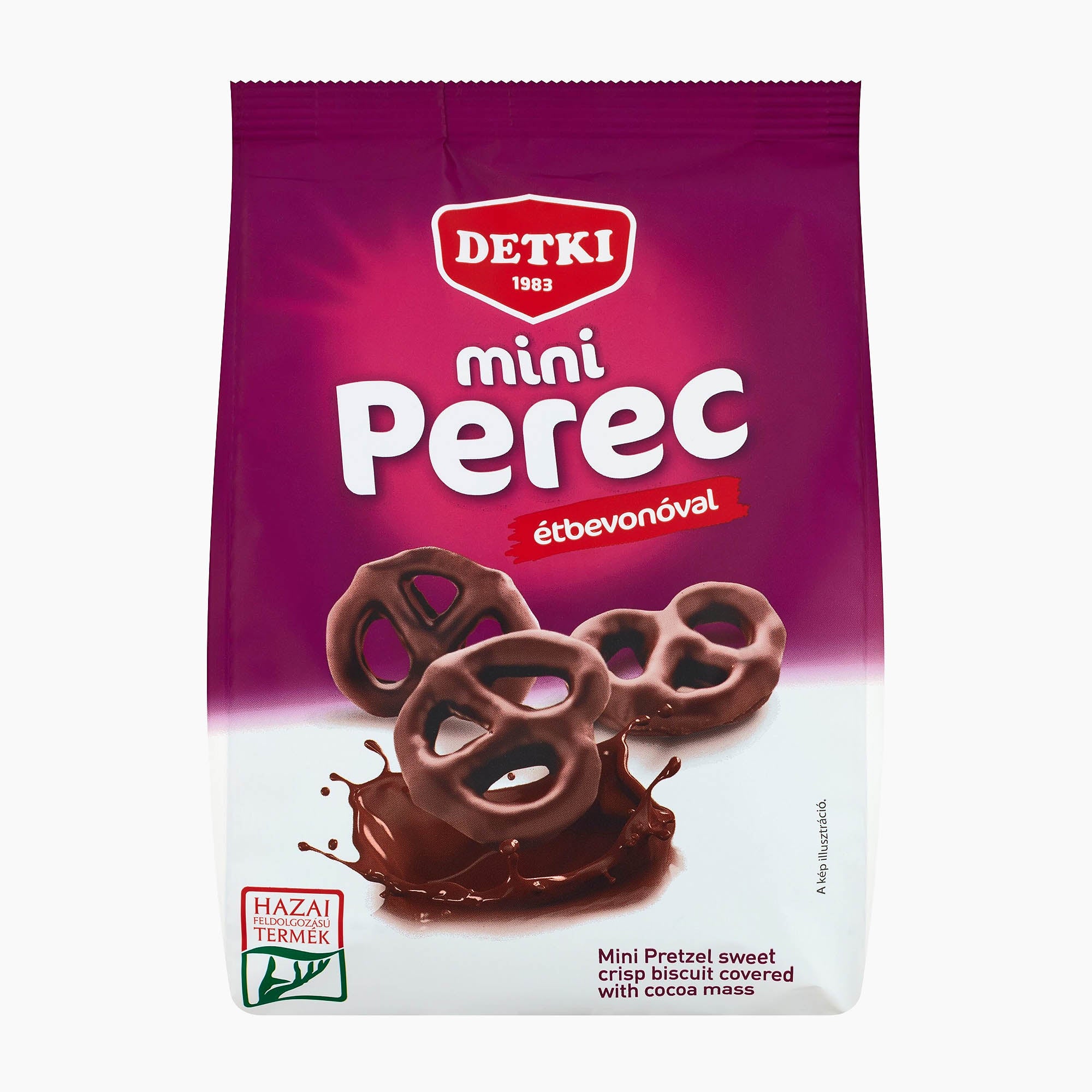 A package of Detki Mini Pretzel sweet treats, featuring chocolate-covered pretzel bites on a white and magenta bag with the Detki brand logo.