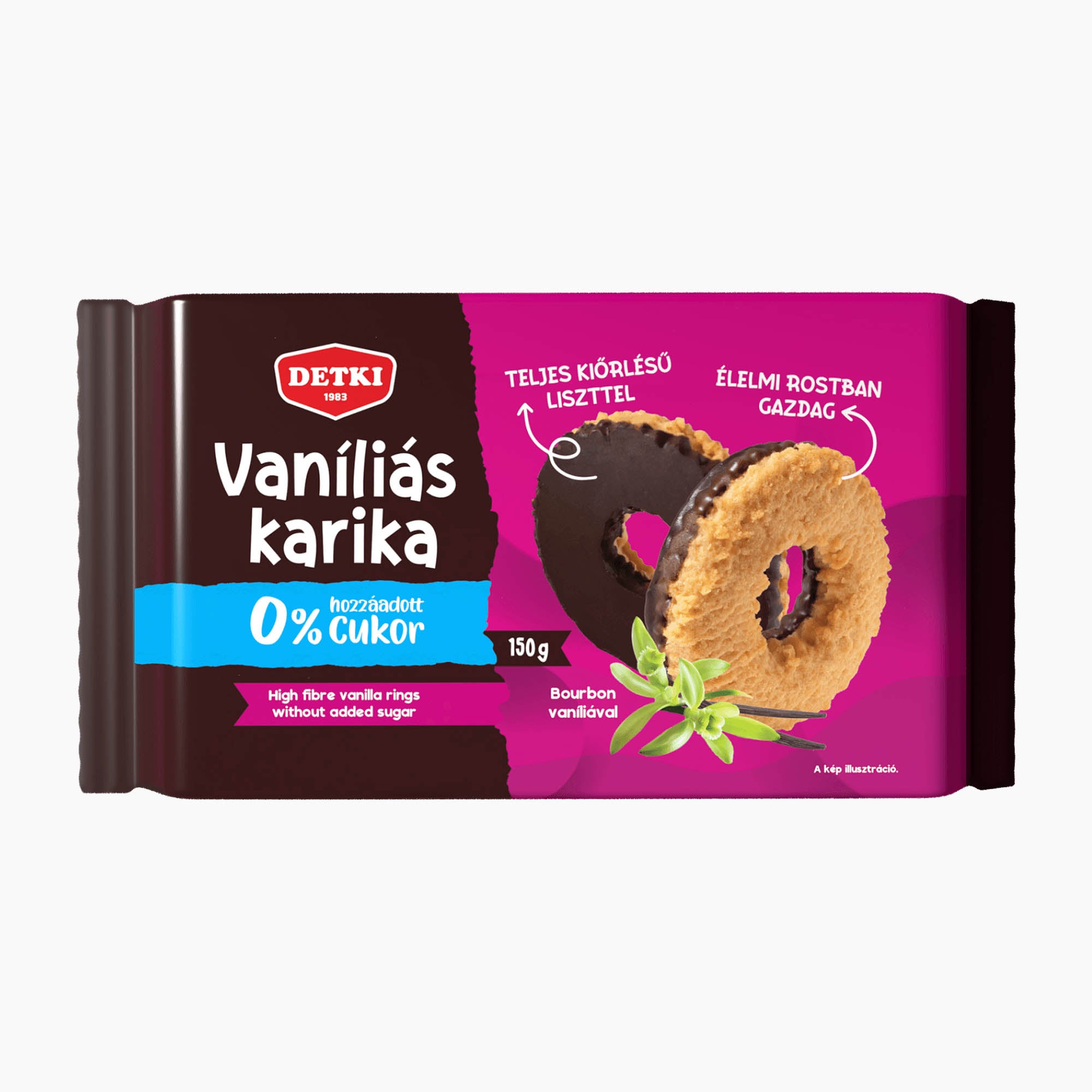 A 150g package of Detki Vanilla rings cookie with 0% sugar. The packaging features a dark brown and magenta design with a blue accent band, and an illustration of a chocolate-dipped vanilla ring cookie.